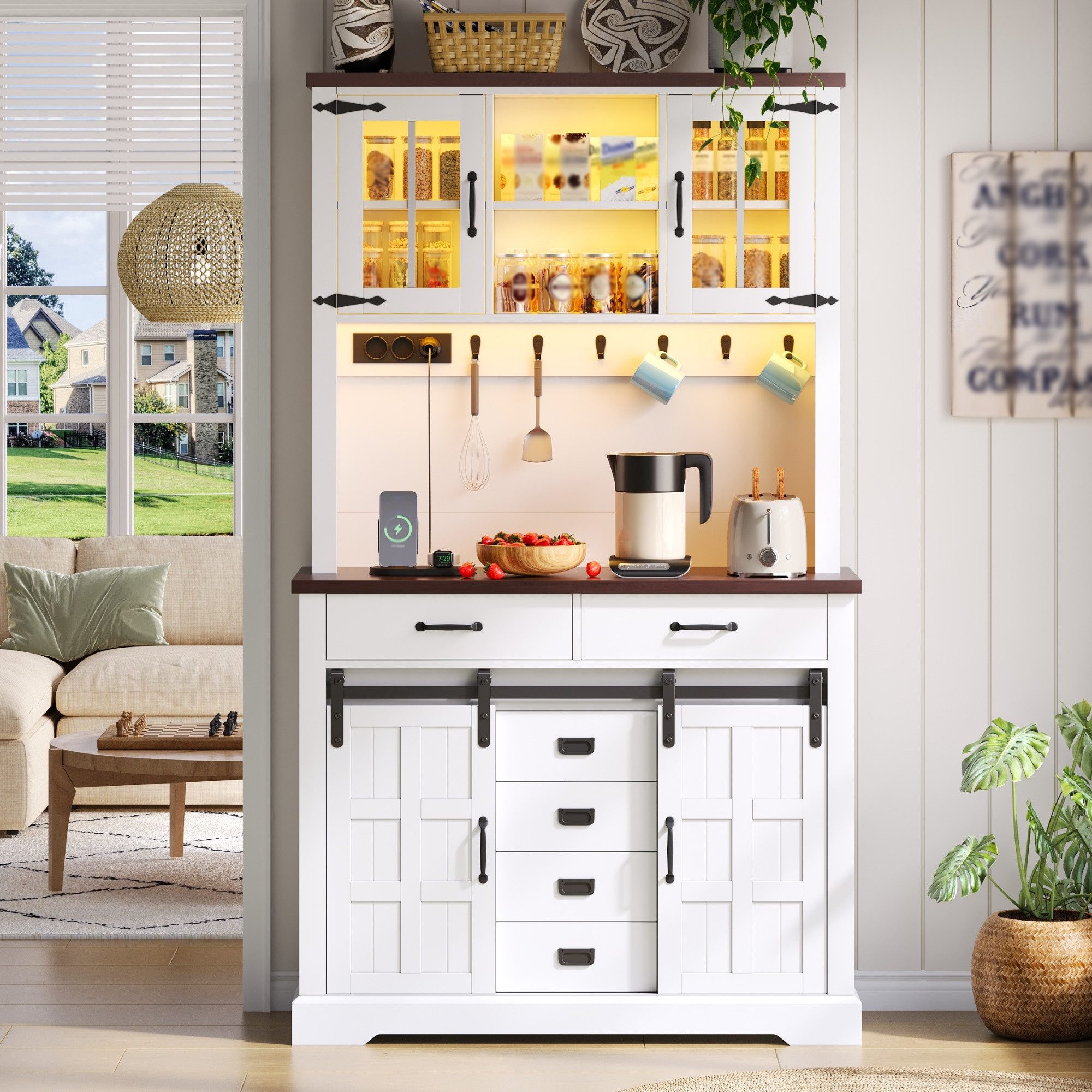 Celya Sideboard Küchenschrank, Buffetschrank mit Steckdose und LED-Beleuchtung (mit Arbeitsplatte, 6 Schubladen, verstellbare Einlegeböden und Haken), Ideal für Esszimmer, Wohnzimmer und Küche