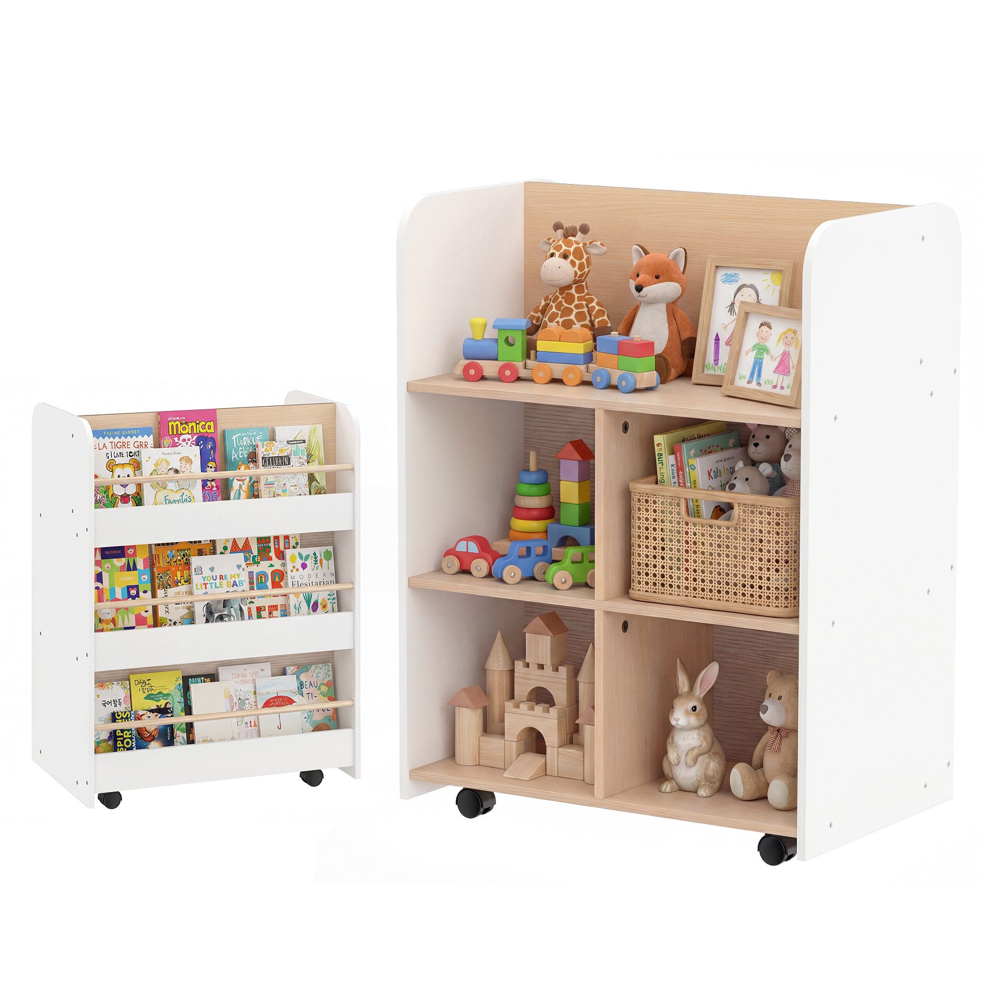 KOMFOTTEU Kinderregal, Spielzeugregal Bücherergal mit Rollen & 8 offenen Fächer