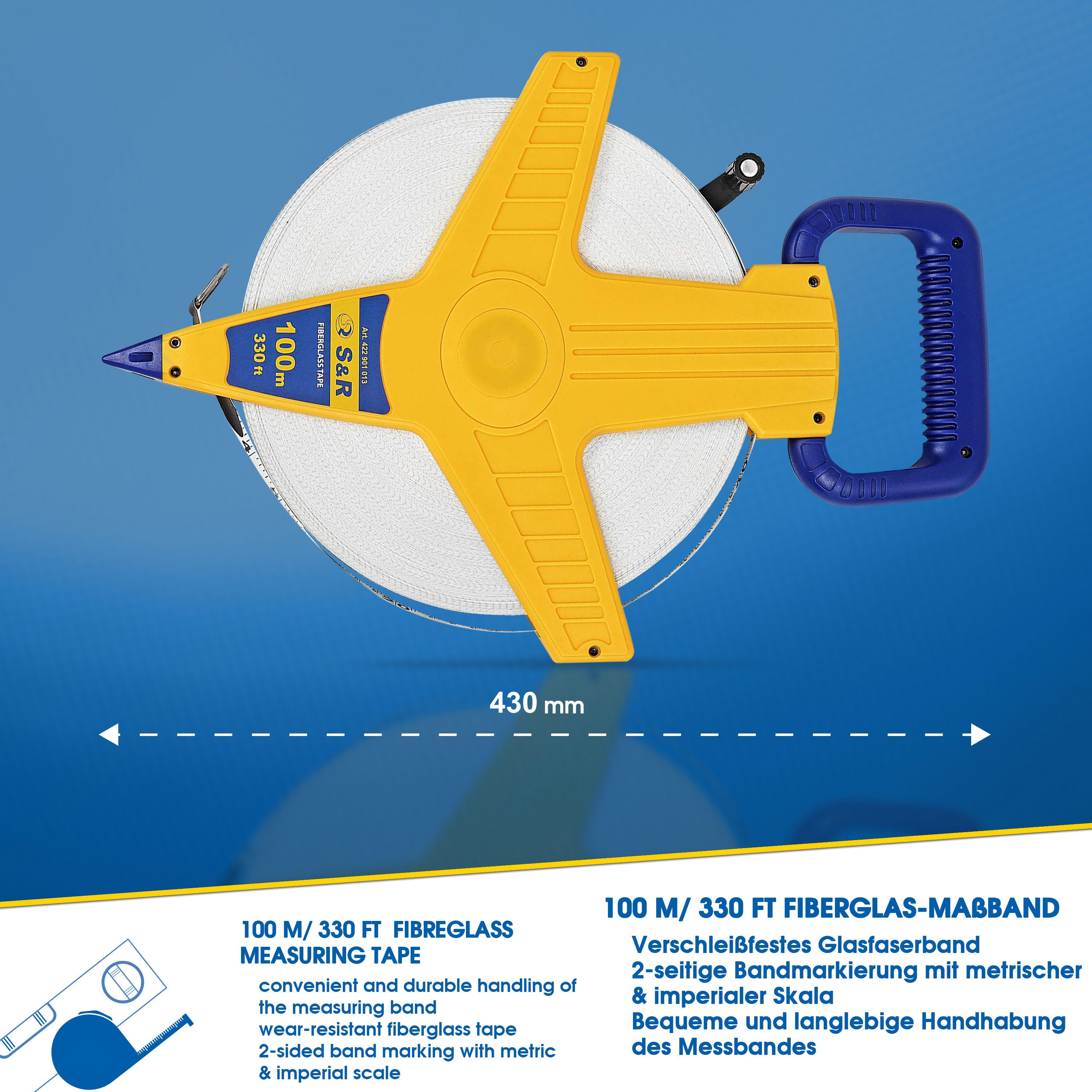 S&R Maßband Fiberglas 100m / 330 Ft-Fuß doppelt markiert, Rollband Breite 13mm, Maßband mit Metallring und Zentrierspitze in MM und Zoll