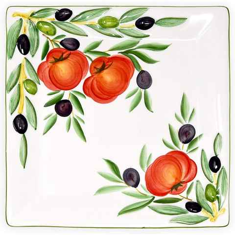 Lashuma Servierteller Tomate Olive, Keramik, (1-tlg., 27 x 27 cm), Mediterrane Kuchenplatte handbemalt