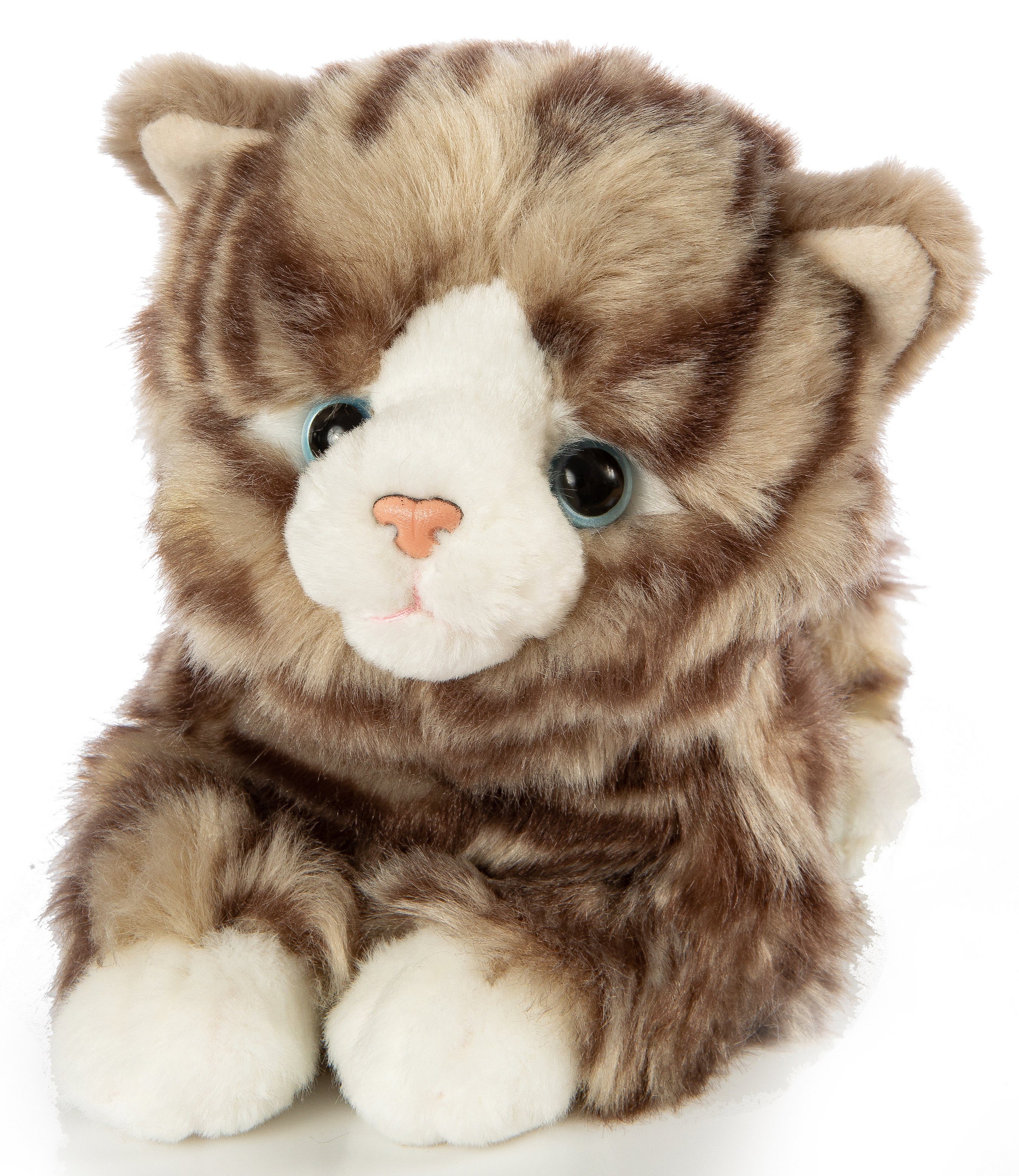 Uni-Toys Kuscheltier Hauskatze grau-getigert - 25 cm (Länge) - Plüsch-Katze, Plüschtier, zu 100 % recyceltes Füllmaterial