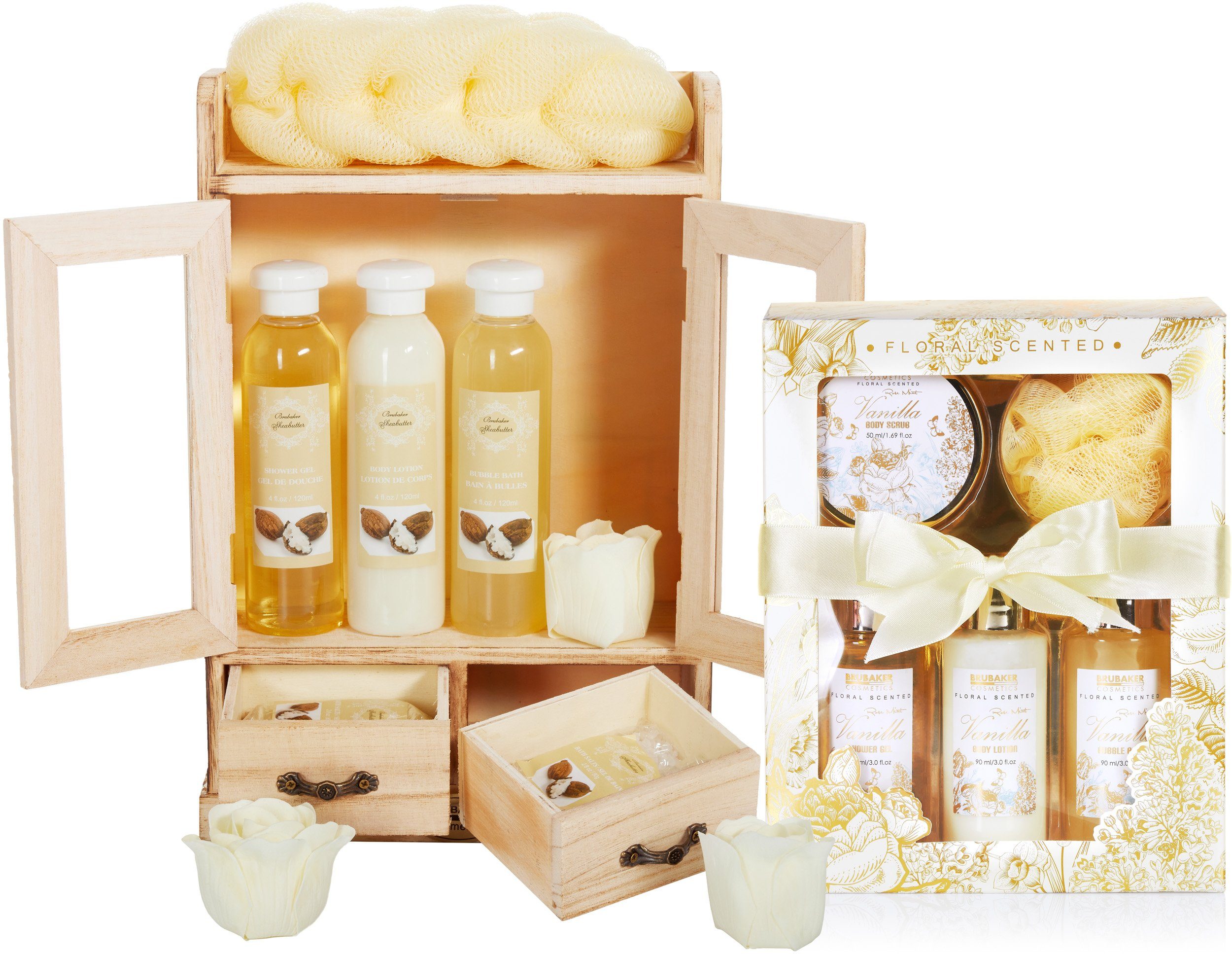 BRUBAKER Pflege-Geschenkset 2 in 1 Pflegeset Sheabutter & Vanilla Rose Minze - Wellness Set, 15-tlg., Damen Dusch- und Badeset - Frauen Beauty Geschenkset mit Dekoration