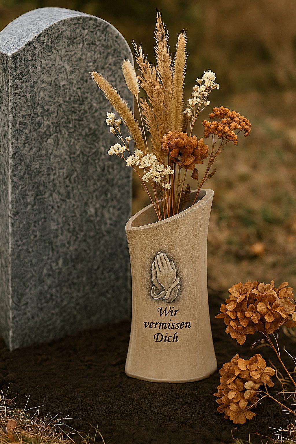 MF Grabkerze Grabvase Wir vermissen Dich in Herzform aus Polyresin, grau (1 günstig online kaufen