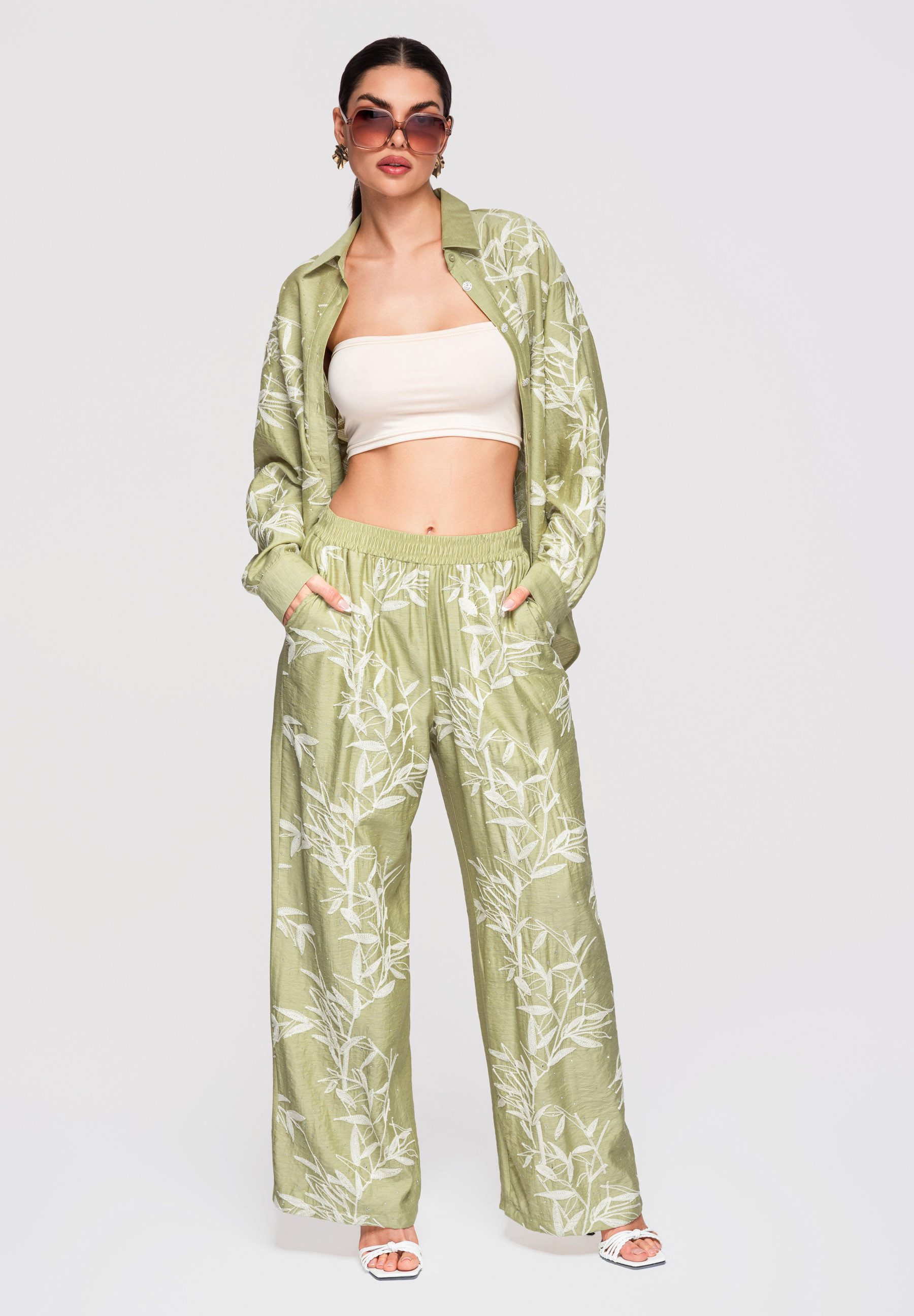 OMBRE Palazzohose Damen Palazzo-Hose Weites Bein Baumwolle Grün S (kein Set, 1-tlg) Elastischer Bund