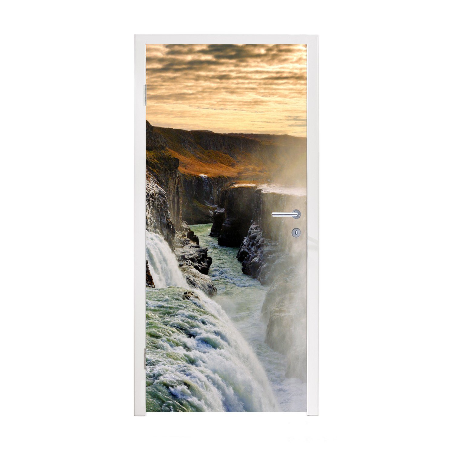 MuchoWow Türtapete Sonnenuntergang am Gullfoss-Wasserfall in Island, Matt, bedruckt, (1 St), Fototapete für Tür, Türaufkleber, 75x205 cm