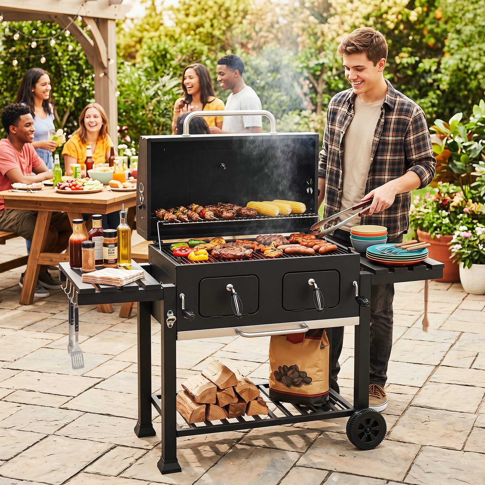 COSTWAY Holzkohlegrill, Grillwagen outdoor, Standgrill holzkohle, Grillrost