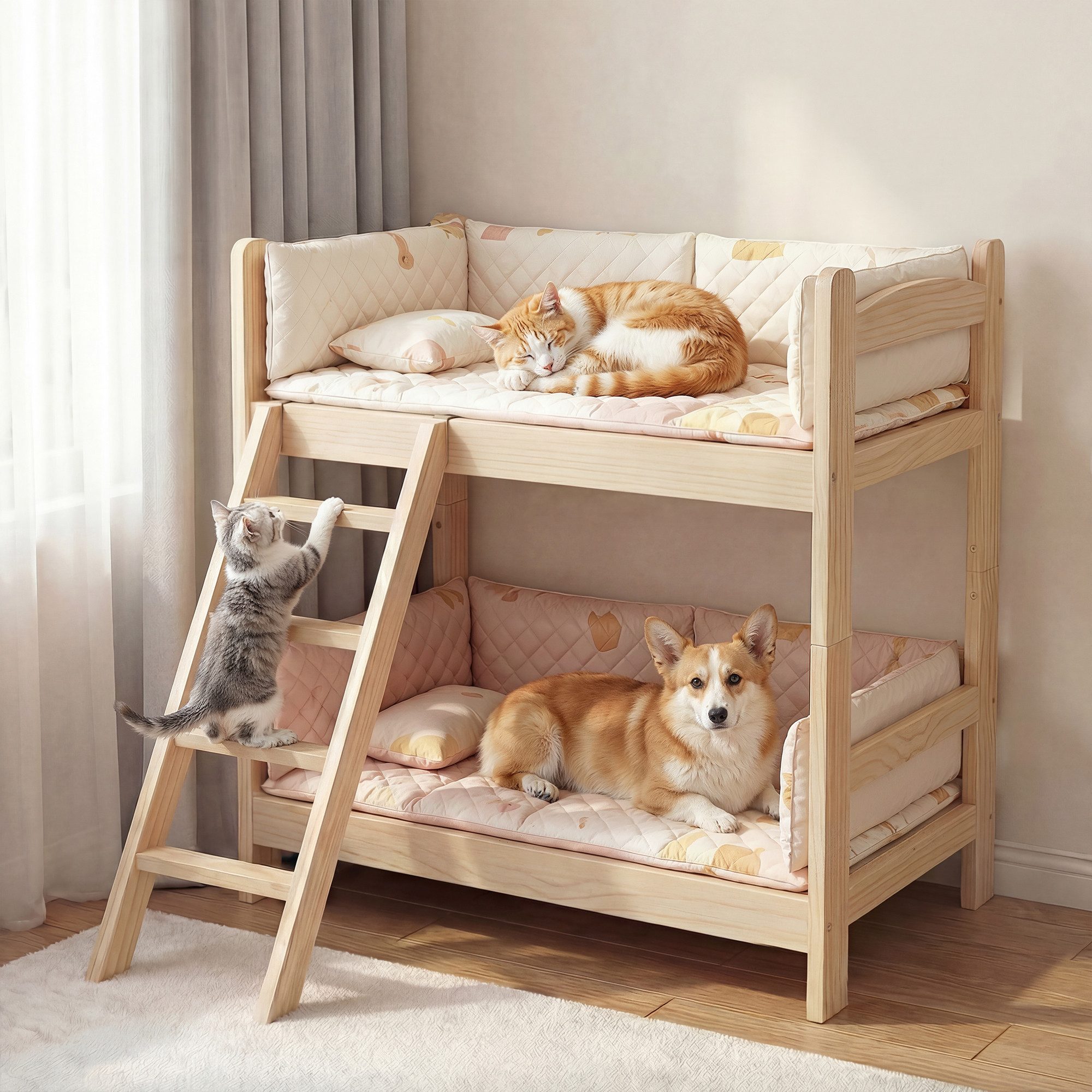 HOMSEE Katzenhaus Massivholz-Etagenbett für bis zu zwei Katzen, 60 x 45 x 70 cm, Stabiles Katzenhaus in Holzfarbe, ebenfalls geeignet für kleine Hunde