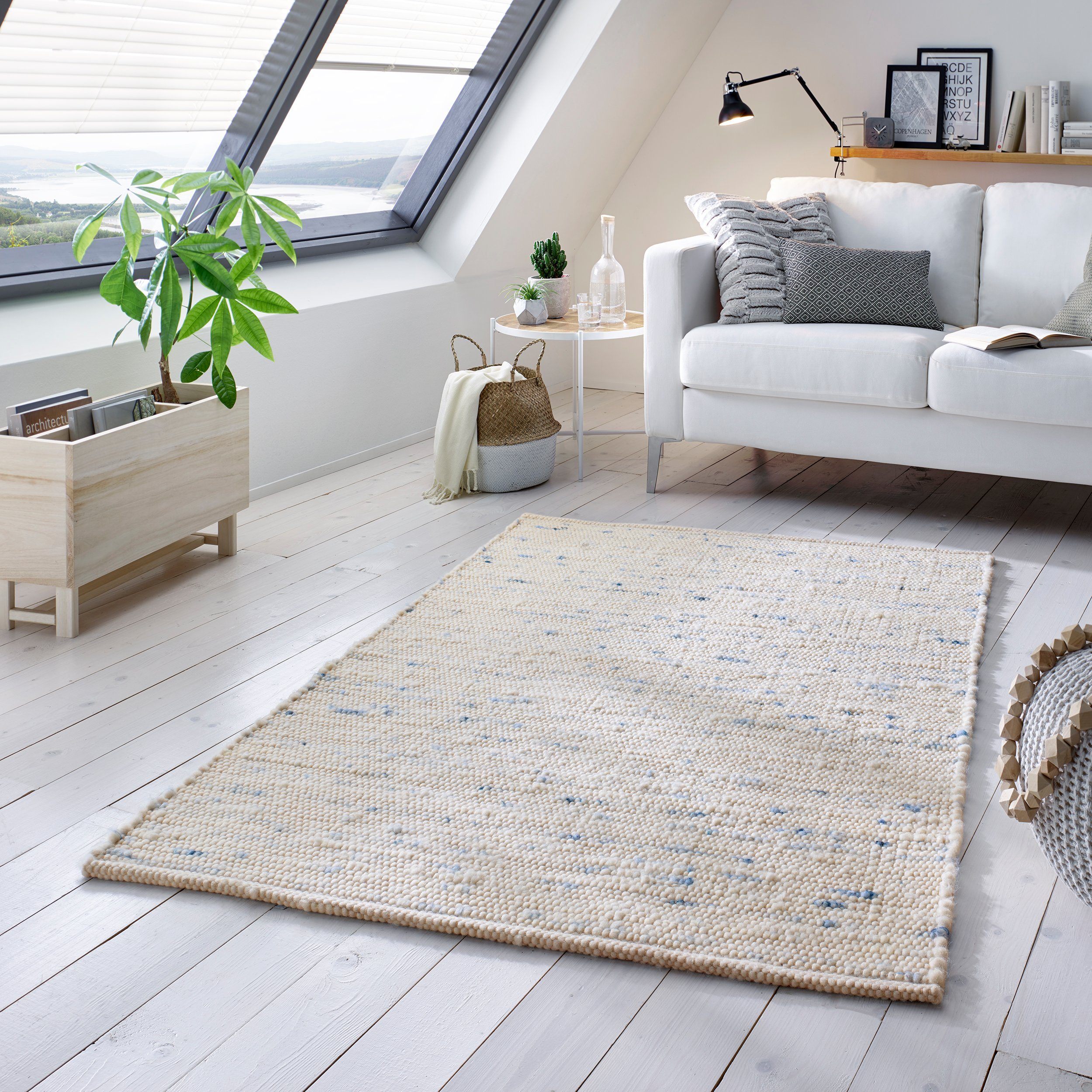 Hand-Webteppich, Höhe: meliert Wollteppich Home, 10 Schurwolle 060x090cm blau Wohnzimmer Schlafzimmer rechteckig, mm, meliert TaCa nachhaltige