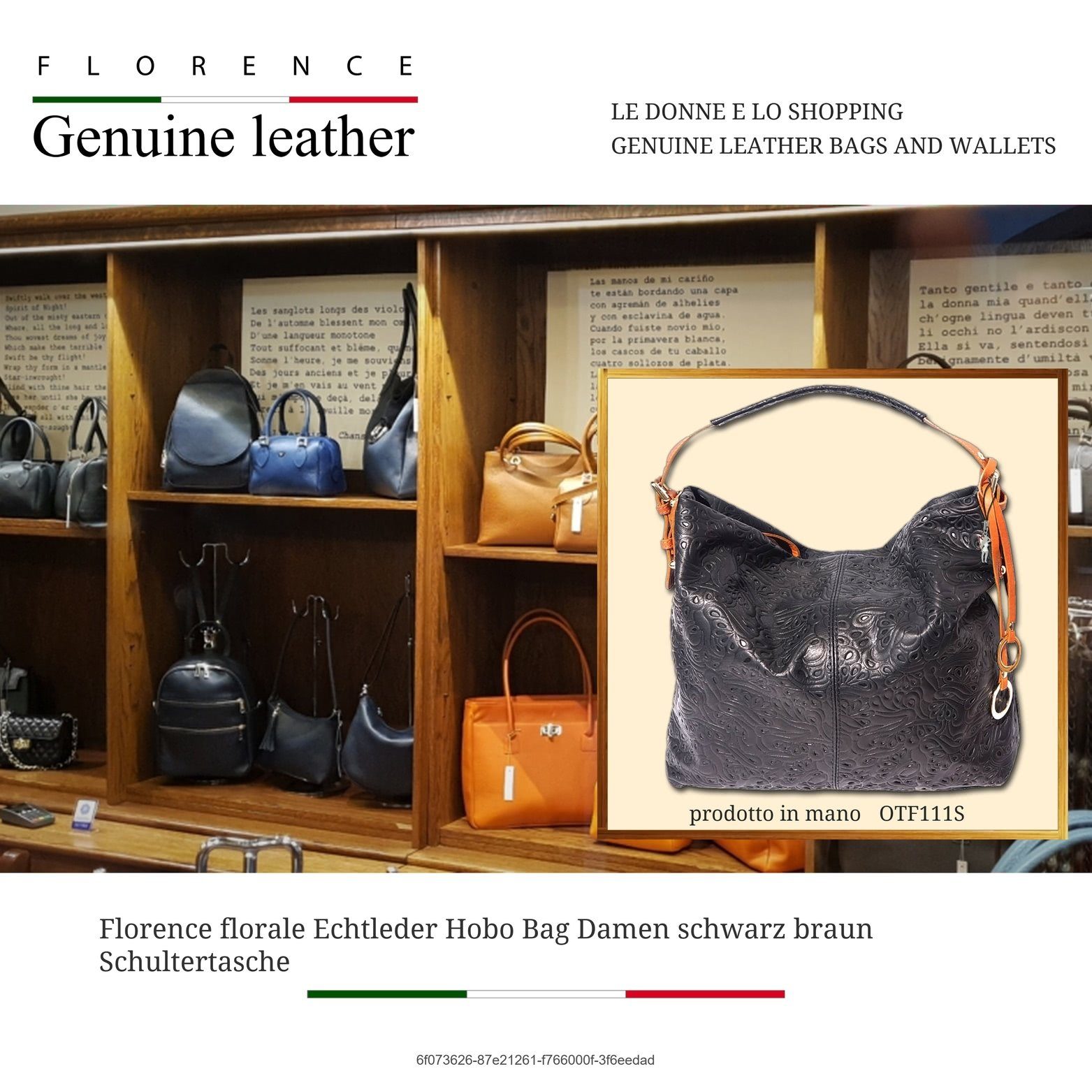 FLORENCE Shopper Florence Echtleder Damentasche schwarz (Schultertasche, Shopper), Damen Tasche Echtleder schwarz-braun, Blumenmuster, Made-In Italy