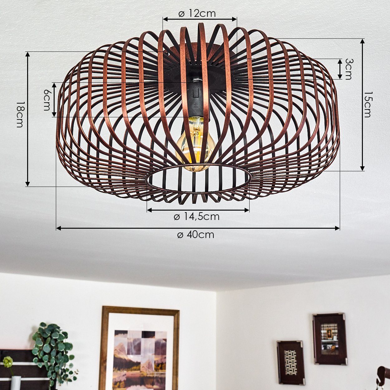 hofstein Deckenleuchte »Pieris« Deckenlampe aus Metall in Schwarz/Kupfer, ohne Leuchtmittel, E27, Leuchte m. Gitter u. Lichteffekt an der Decke – Bild 5 von 5