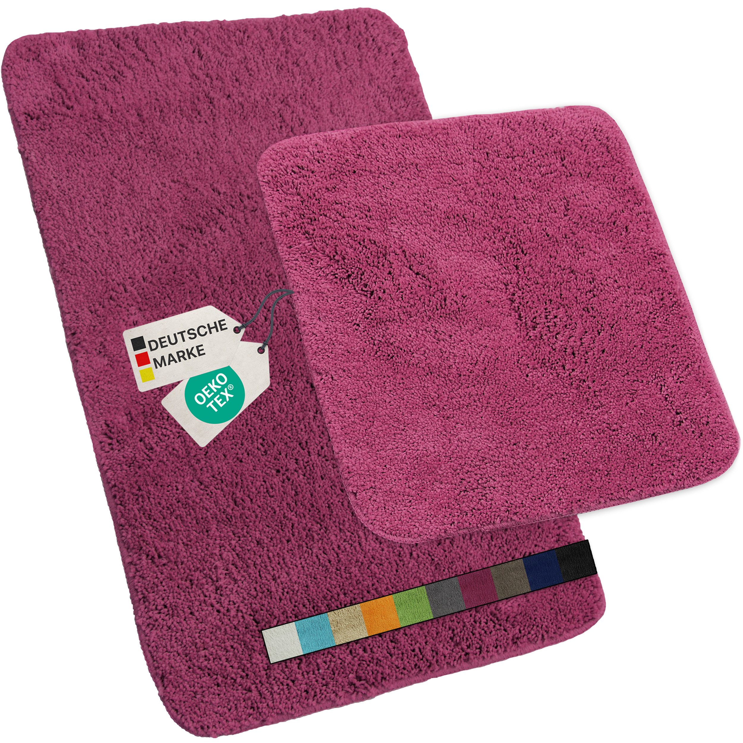 NYVI Badematte Badematten Set 2 teilig NYVISpa Lasalle Lila Badezimmerteppich Set, Höhe 20 mm, Polyester, Badematte 50x80cm + WC Vorleger ohne Ausschnitt, Rutschfest & Waschbar