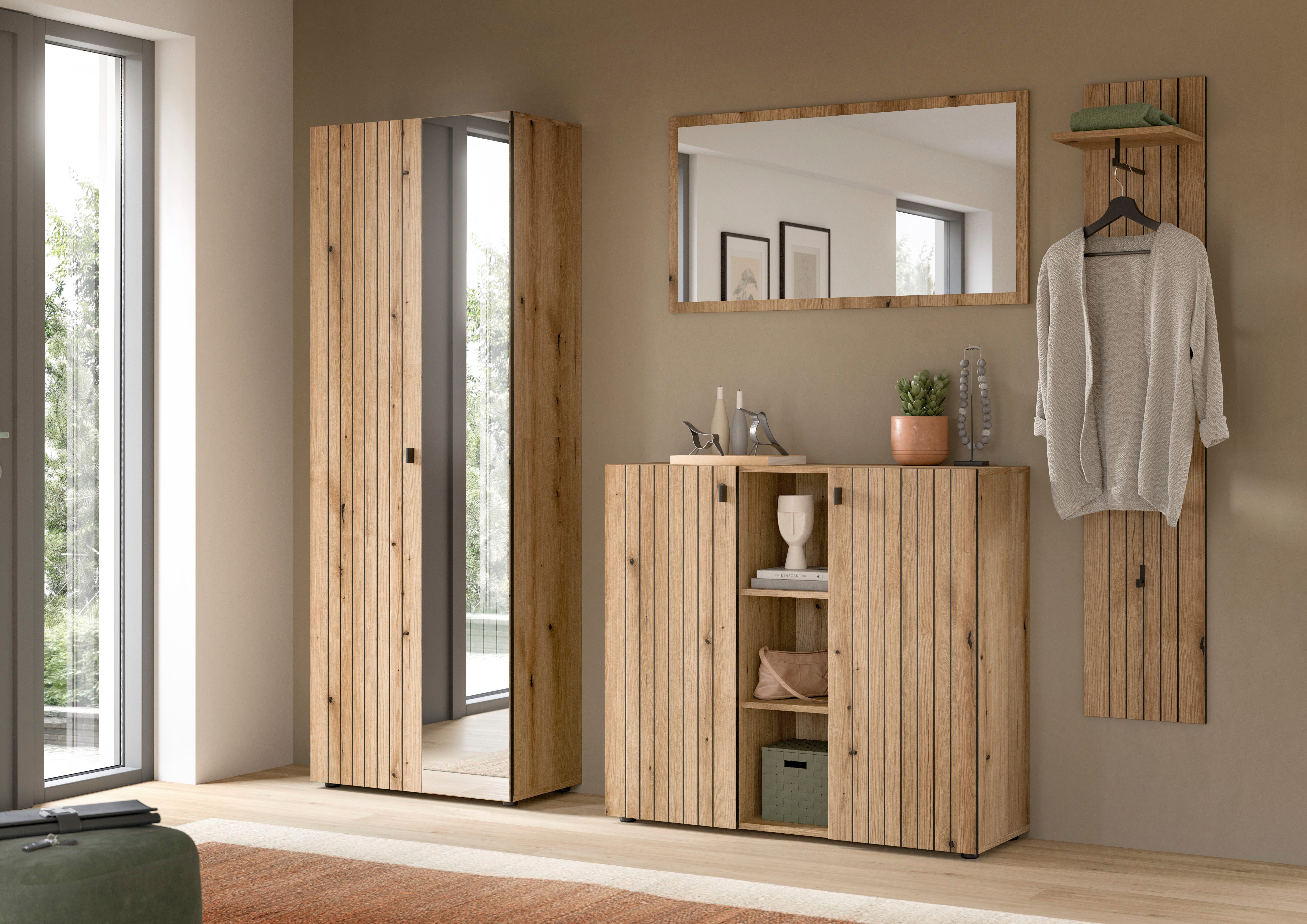 Home affaire Garderoben-Set TATIO, 4-tlg. Garderobenkombination, Breite: 237 cm, Rillenfräsung, (Set, 4-St., 1 Spiegel, 1 Garderobenschrank, 1 Schuhkommode, 1 Garderobenpaneel), Garderobenkombination, Kombi, Flur-Möbel, Schrank, Spiegel, Kommode