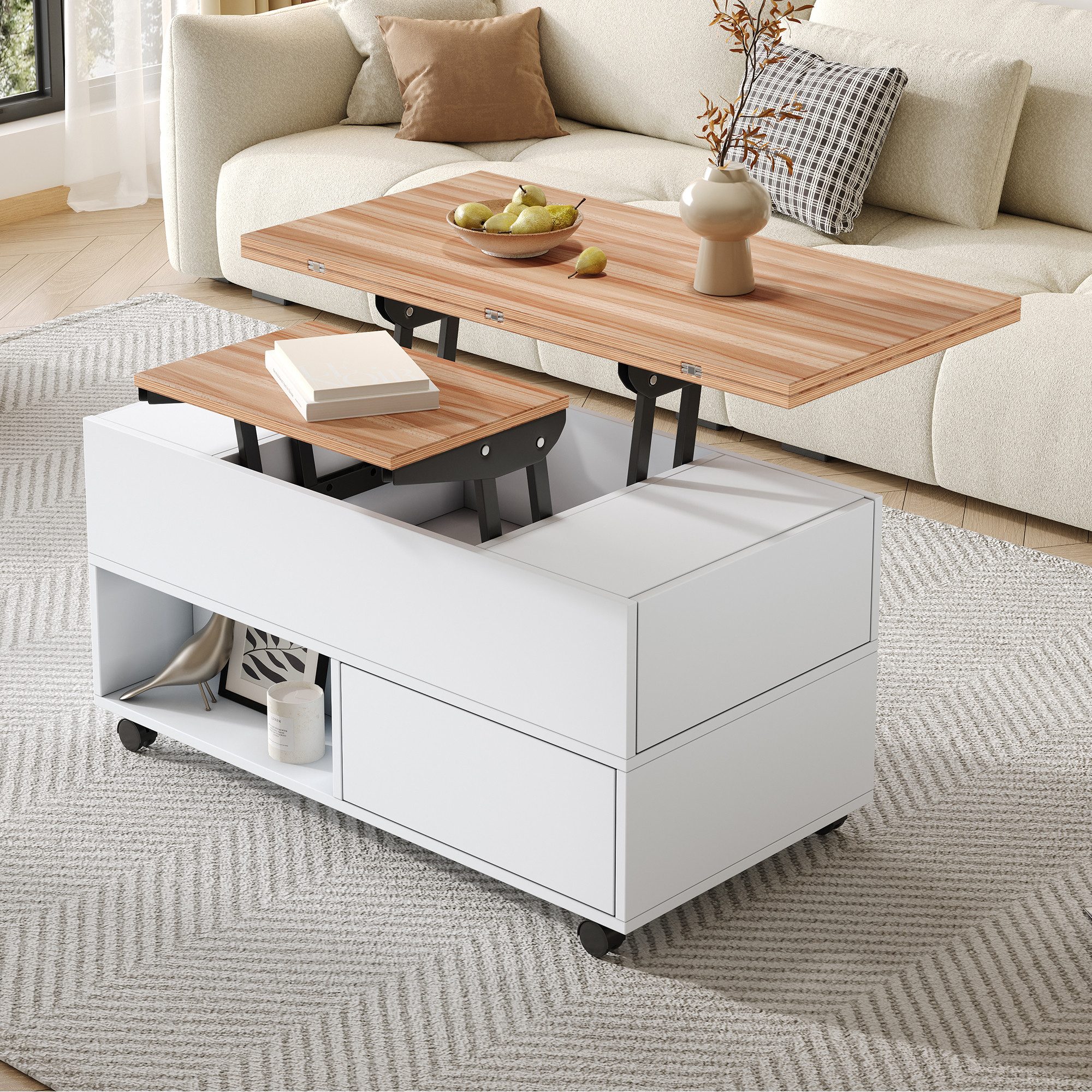 Merax Couchtisch höhenverstellbarer Sofatisch Beistelltisch anhebbarer Tischplatte (1-St., 100x50x52cm), Wohnzimmertisch mit ausklappbarer Esstisch, 4 Schubladen & Stauraum