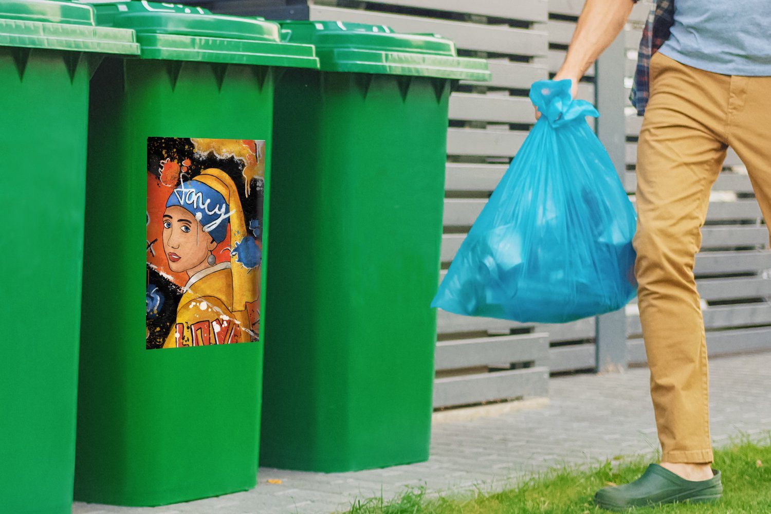 mit Container, Sticker, Abfalbehälter Wandsticker St), Perlenohrring - Mülltonne, (1 MuchoWow - Vermeer Mülleimer-aufkleber, Mädchen Kunst