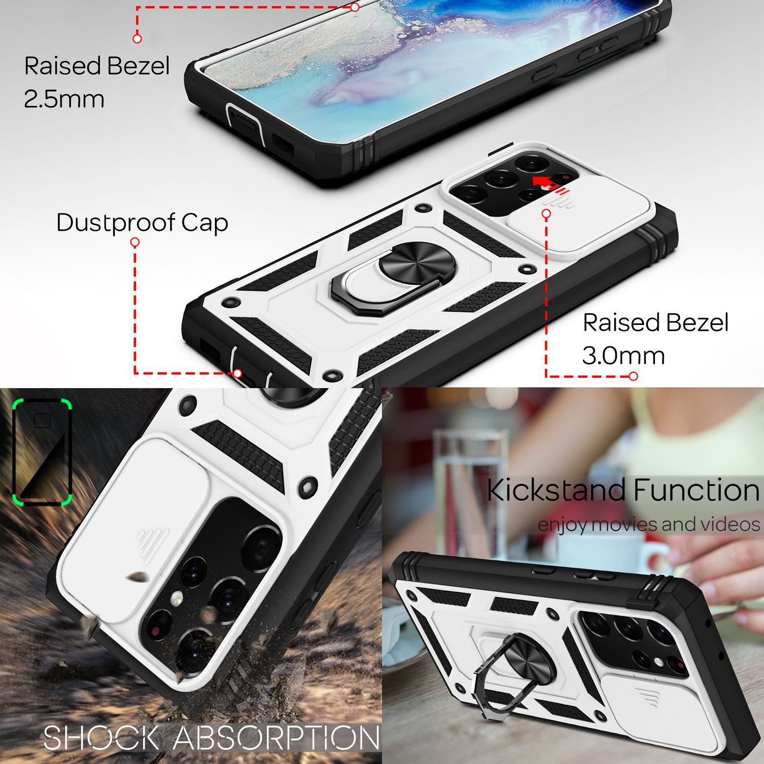 Nalia Smartphone-Hülle Samsung Galaxy S21 Ultra 17,3 cm (6,8 Zoll), Outdoor Military-Style Ring Hülle / Kamera-Abdeckung & Display-Rahmen