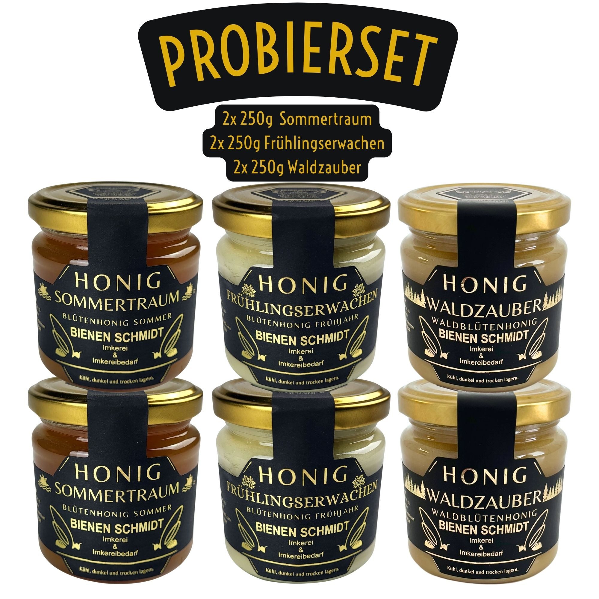 BIENEN SCHMIDT Honig Probier Set im 250g Glas, 6 x (Spar-Set), 2x Sommertraum, 2x Frühlingserwachen & 2x Waldzauber, deutscher Honig