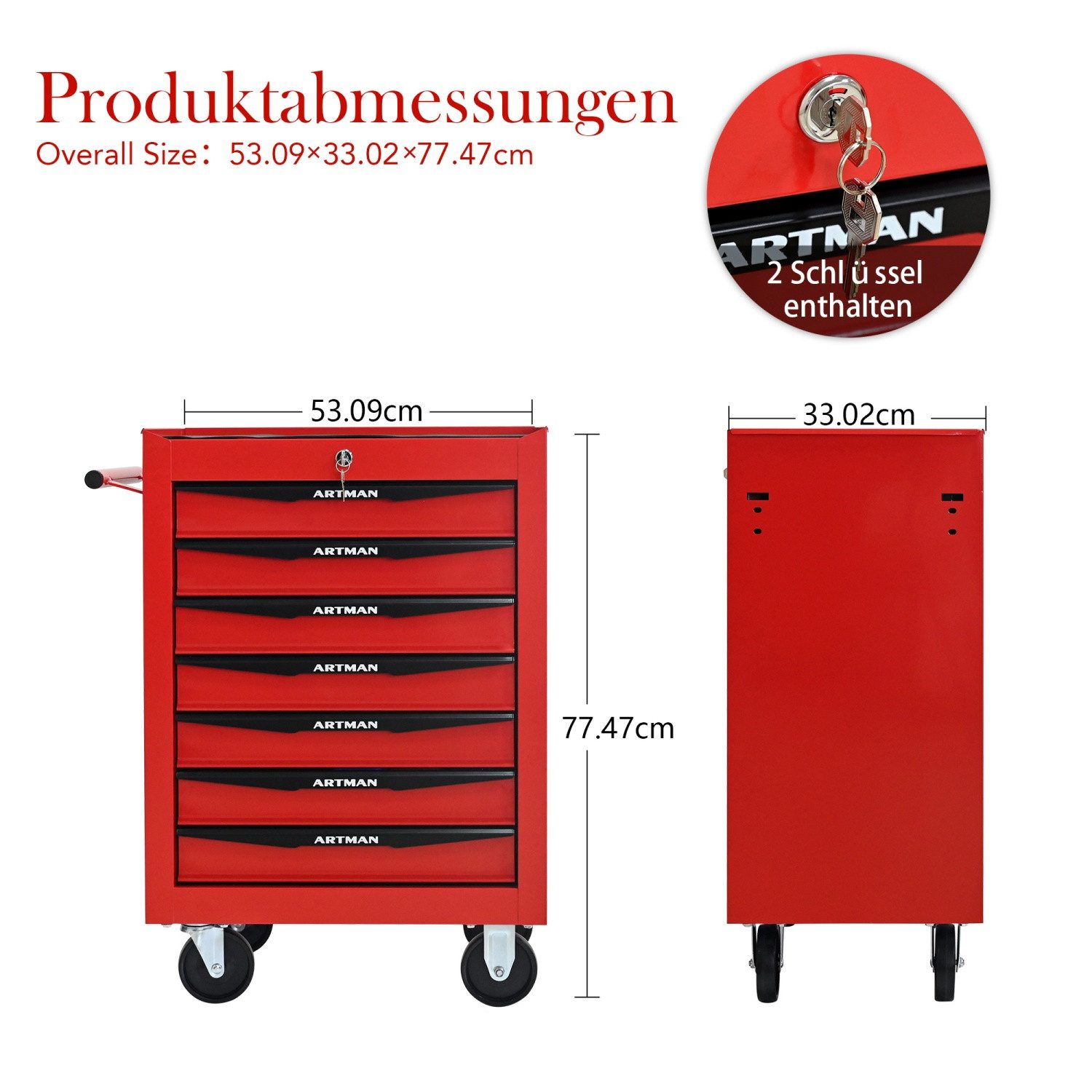 ANYSUN Werkzeugwagen Werkzeugkasten,Werkstattwagen Rollwagen zur Werkzeugaufbewahrung, Rot, max. Traglast:105 kg, (mit chubladen, Abschließbar,Profi Werkstatt-Wagen), Massives Metall,Mobiler Werkzeug-Wagen ohne Werkzeug