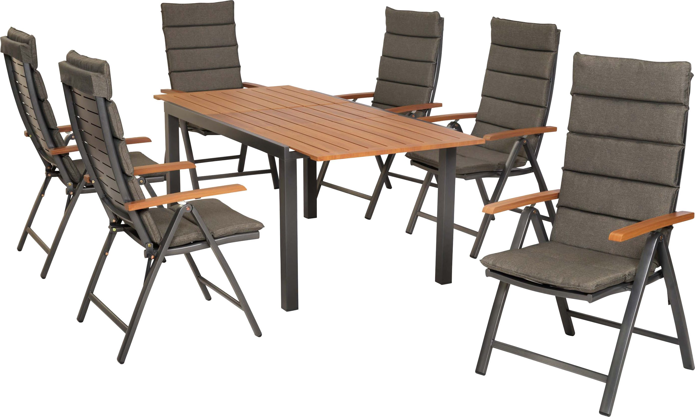 MERXX Garten-Essgruppe Tinos, (Set, 13-tlg), inkl. 6 Klappsessel, 6 Auflagen, 1 Ausziehtisch