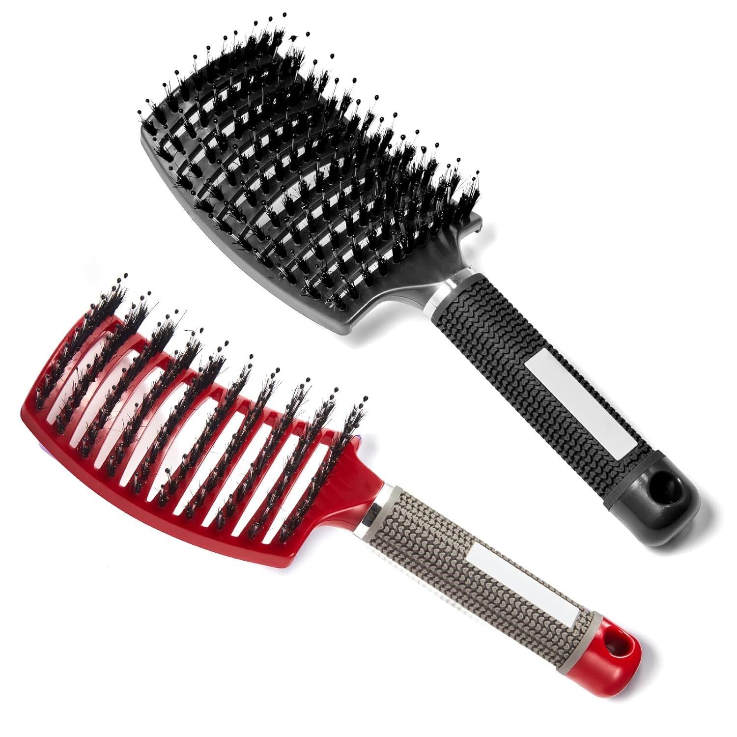 Haarbürste Haarbürste Haarbürsten-Set mit und ohne Haar Rot+weiss 4 XDeer Klammer Wildschweinborsten, gebogene Ziepen Entwirrbürste 2x belüftete mit