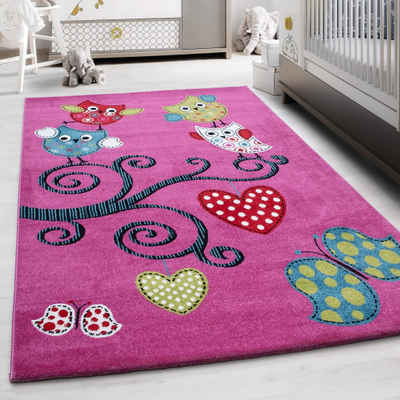 Teppich Eulen-Design, HomebyHome, Rund, Höhe: 11 mm, Kinderteppich Eule-Design Baby Teppich Kinderzimmer Pflegeleicht