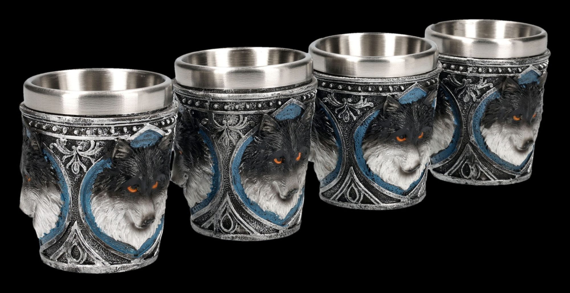 Figuren Shop GmbH Becher Wolf Schnapsbecher 4er Set – Gothic Trinkgefäße Handbemalt Stamperl, Kunststein (Polyresin), Edelstahl