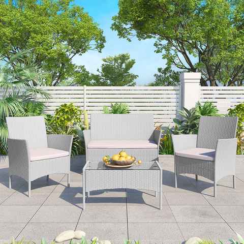 BIGZZIA Gartenlounge-Set Gartenmöbel-Set für den Außenbereich aus Rattan, 4-teilig, für 4 Personen, inklusive 1 Sofa, 2 Sessel, 1 Tisch