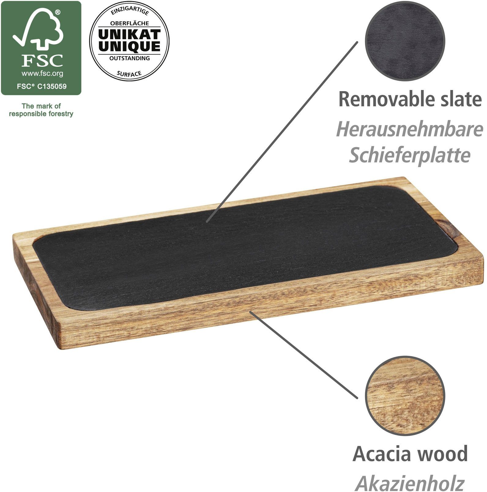 WENKO Servierbrett Ava, Akazienholz Schiefer, FSC® herausnehmbarer zertifiziertem Schieferplatte, (1-St), mit Akazienholz