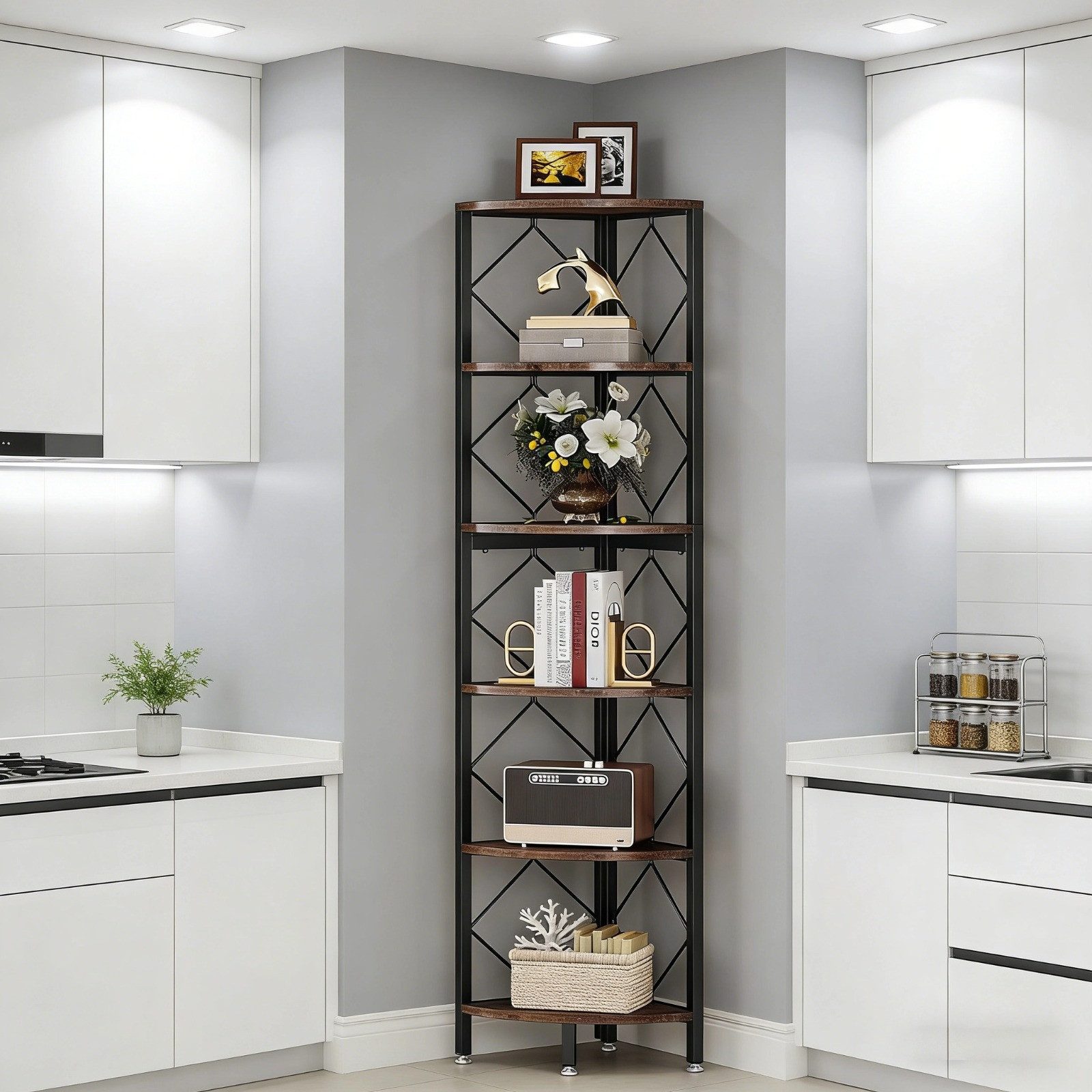 Celya Eckregal 7-Ebenen Eckregal, 200cm extra hohes Eck-Bücherregal