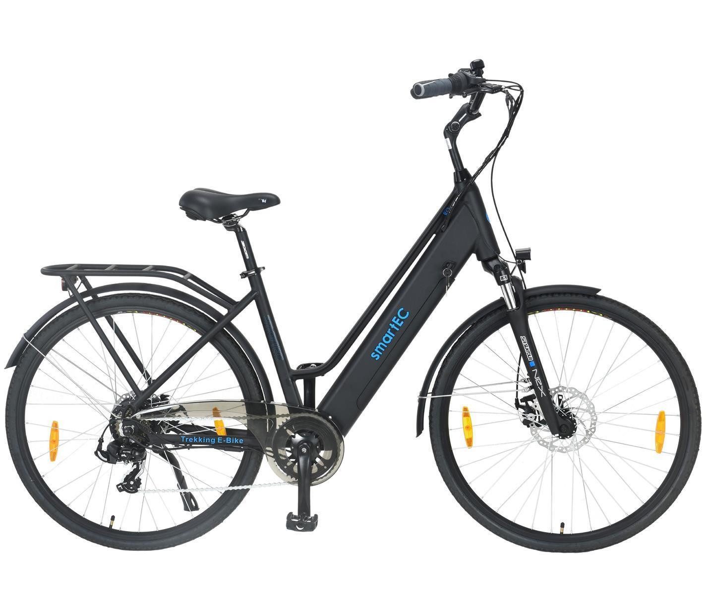 smartEC E-Bike Trekkingrad E-Trekkingrad Trek-28D E-Bike 28 Zoll Schwarz, 7 Gang Shimano Tourney Schaltwerk, Kettenschaltung, Hinterrad-Nabenmotor, 468.00 Wh, (1 Paket, 6 tlg., Akku mit Ladegerät), Unterstützung 25 km/h Scheibenbremse 90km Reichweite Anfahrhilfe StVZO