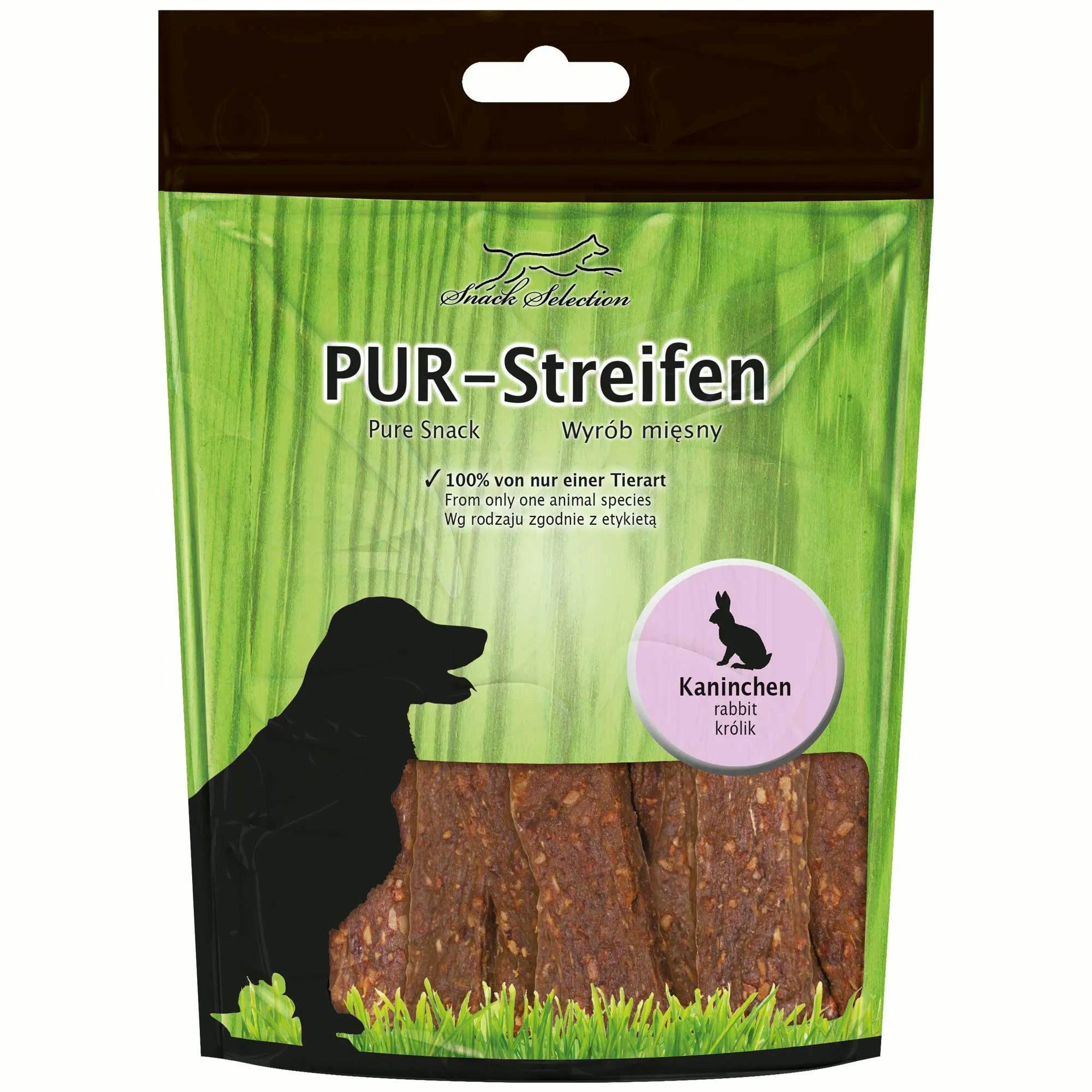 Greenhound PUR Streifen Kaninchen - Zäh, aber weich – leicht teilbar & gut kaubar Kaninchen, Snack für: Hunde, Monoprotein: 100 % Fleisch einer Tierart