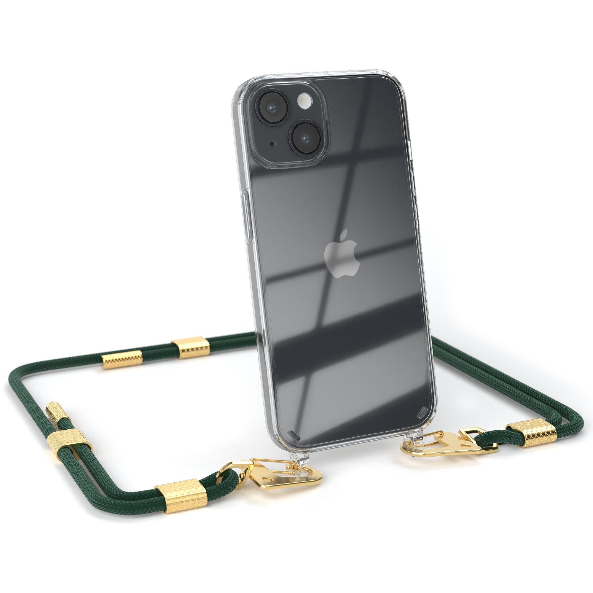 EAZY CASE Handykette Silikonhülle mit runder Kette für Apple iPhone 14 6,1 Zoll, Silicon Handyhülle mit runder Kette Carabiner Necklace Dunkelgrün Gold