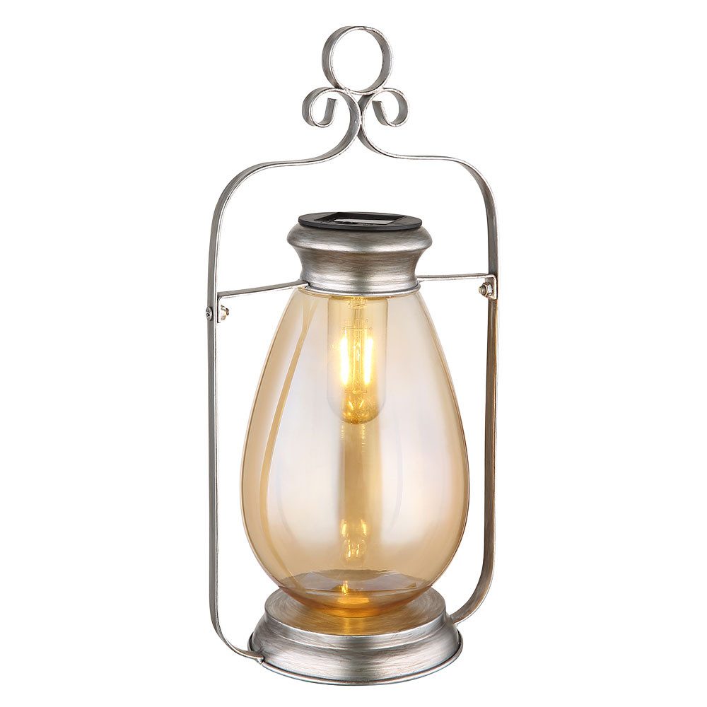 GLOBO LIGHTING LED Solarleuchte, LED-Leuchtmittel fest verbaut, Warmweiß, Solarleuchte Laterne Außenlampe LED Gartendeko silber Akku Glas amber