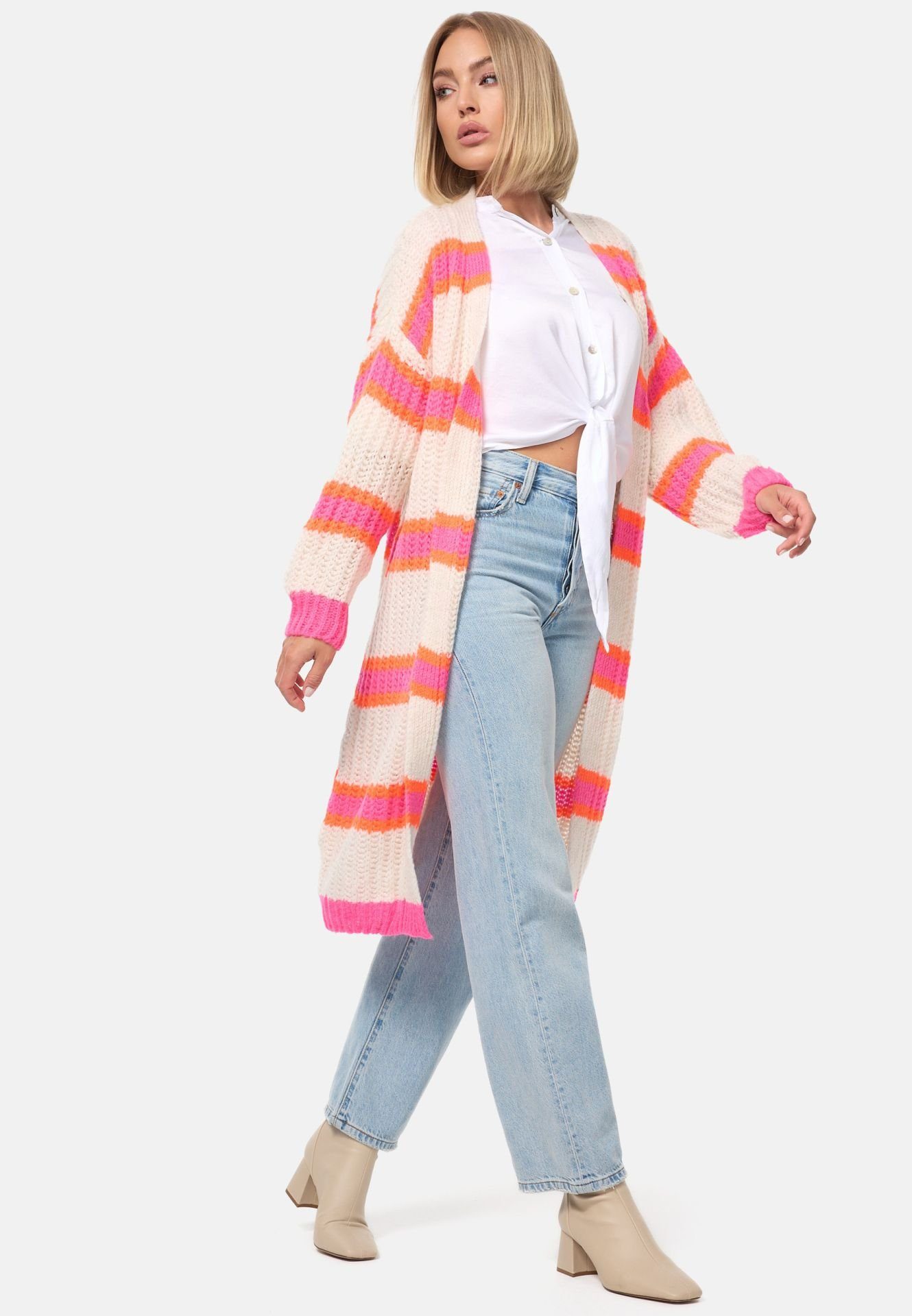 Rayshyne Longstrickjacke langer Cardigan mit Blockstreifen für Damen (Gestreift Bunte Kuschelige Damen Strickjacke Cardigan PM02) bunt gestreift – Bild 3 von 5