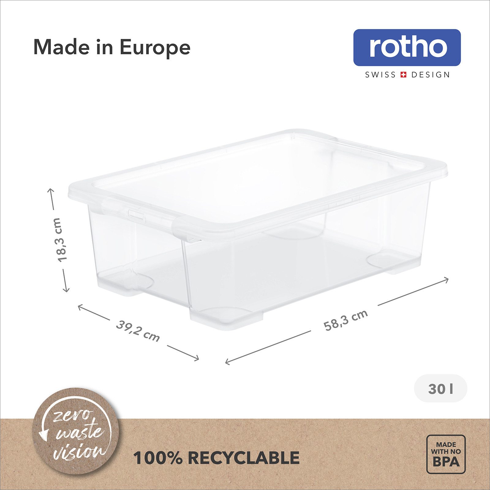 ROTHO Aufbewahrungsbox 4er-Set CORE BASIC 30L stapelbar transparente Box mit Deckel (Sichtboxen-Set, 4er-Set), Ordnungsbox ideal für Kleidung, Bücher und Haushaltsartikel