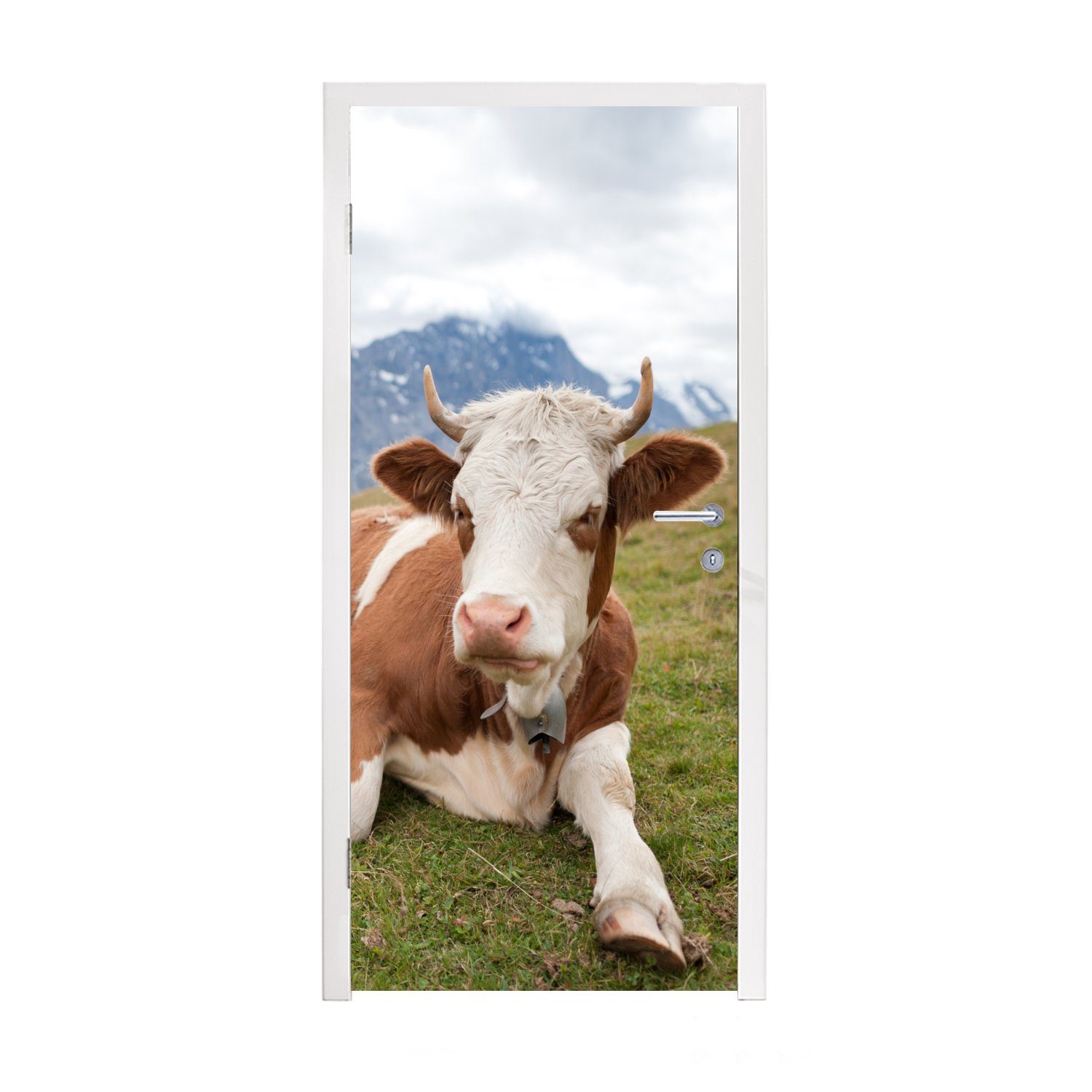 MuchoWow Türtapete Kühe - Wiese - Alpen, Matt, bedruckt, (1 St), Fototapete für Tür, Türaufkleber, 75x205 cm