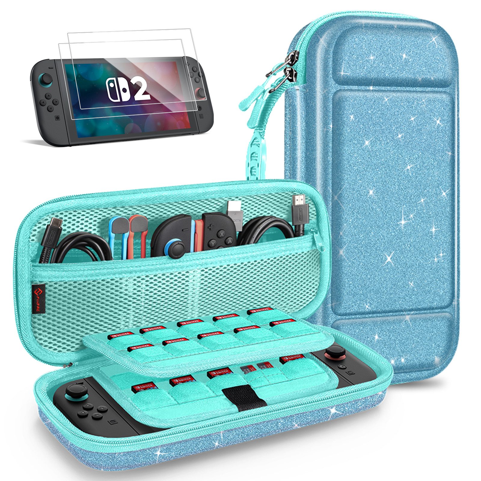 Fintie Nintendo-Schutzhülle Tasche mit 2 Panzerglas für Nintendo Switch 2(2025), 2-in-1 Zubehörset, mit 2 Stücke Schutzfolie, 1 Tragetasche mit großem Fassungsvermögen