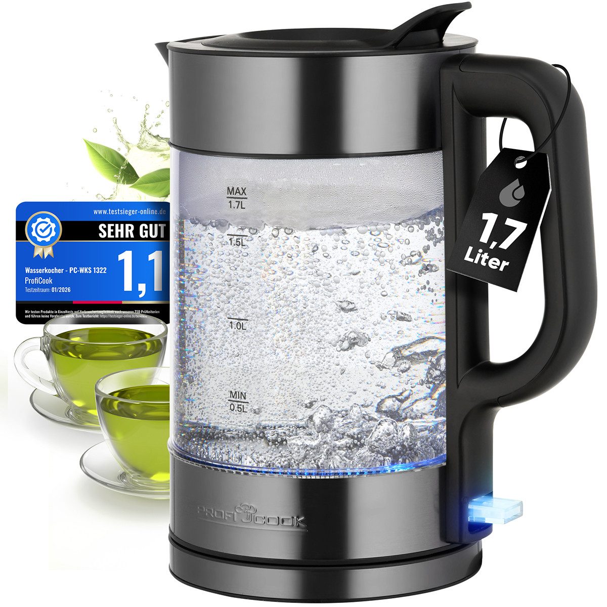 ProfiCook Wasserkocher PC-WKS 1322 G, Wasserkocher Glas, 1,7L, 2200W, BPA frei