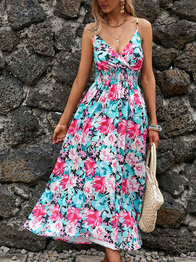 BlauWave Druckkleid Bedrucktes Kleid mit V-Ausschnitt und Taille (Bequem und langlebig, 1-tlg., Für den Alltag unterwegs) Sommer Frauen ärmelloses langes Kleid