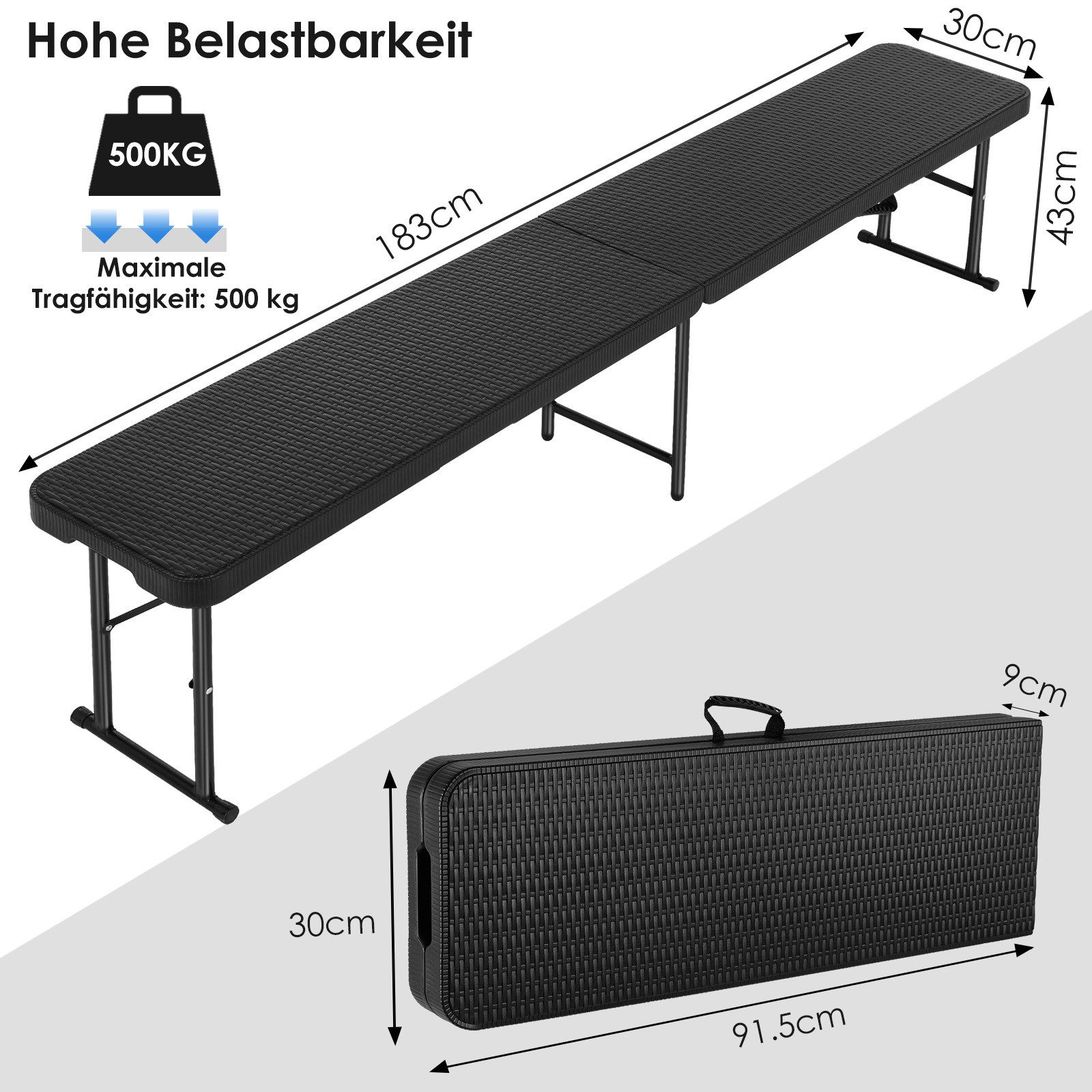 TLGREEN Gartenbank 2pcs Bierbank Klappbar 181cm, Campingbank Faltbar mit Tragegriff (Bierzeltbank bis 500kg Belastbarkeit, Gartenbank aus HDPE & Stahlgestell), Wetterfeste Partybank für Grill/Camping/Garten