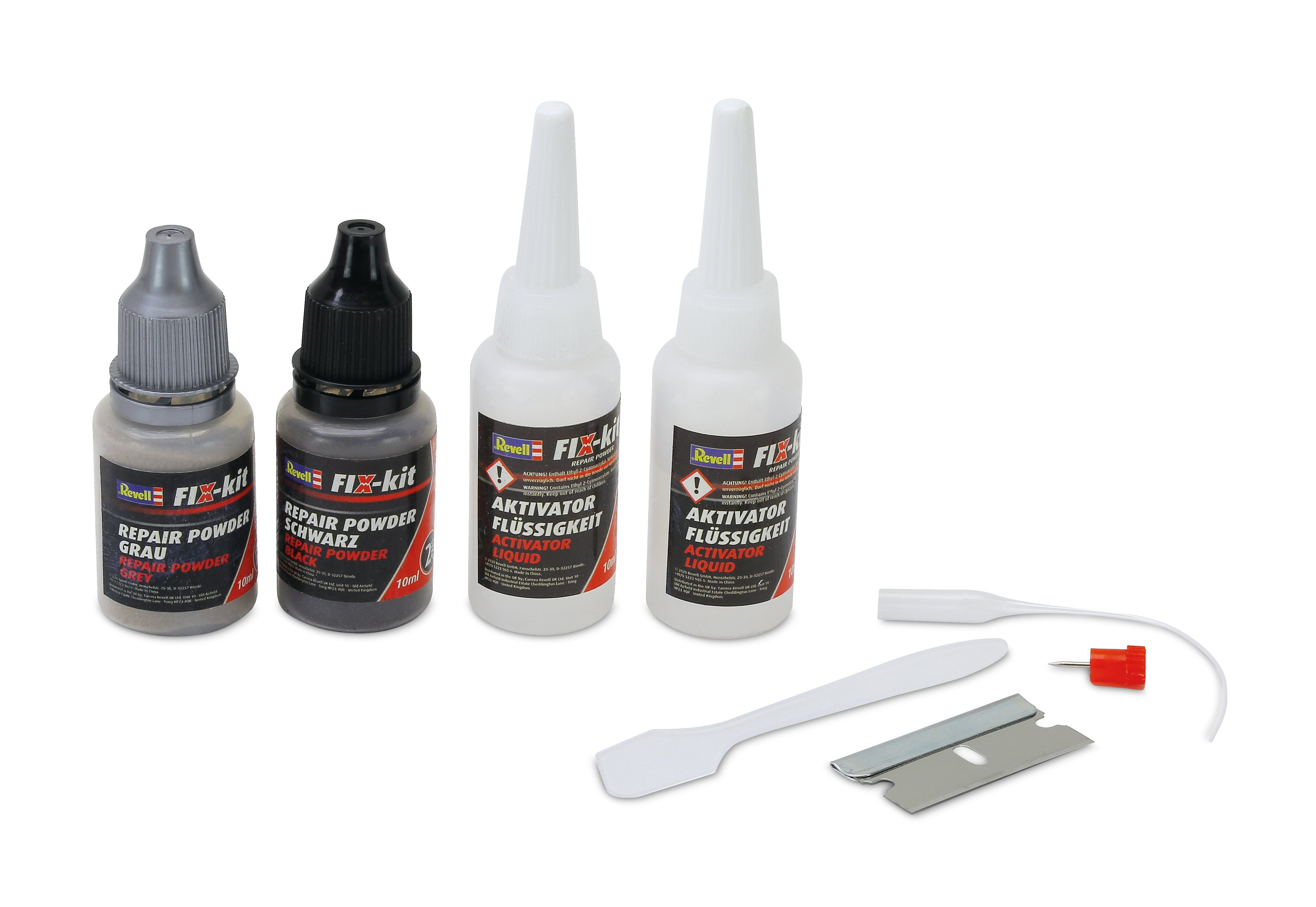 Revell® 2-Komponentenkleber Fix-Kit Repair Powder, (4-tlg), Kleber für Modellbau, 3er-Set, nur 7 Sekunden Trocknungszeit