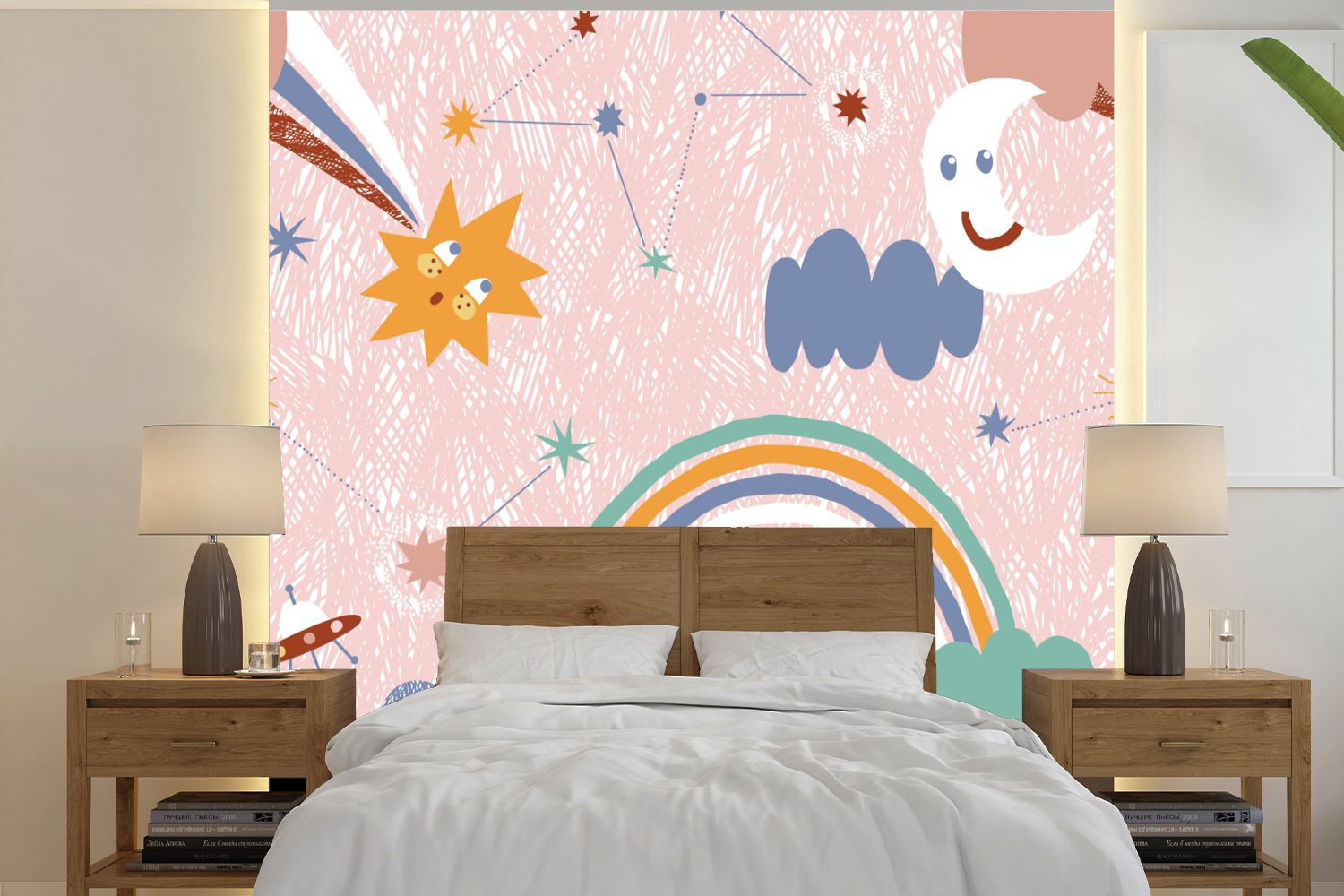 MuchoWow Fototapete Regenbogen - Kind - Wolken, Matt, bedruckt, (5 St), Vinyl Tapete für Wohnzimmer oder Schlafzimmer, Wandtapete