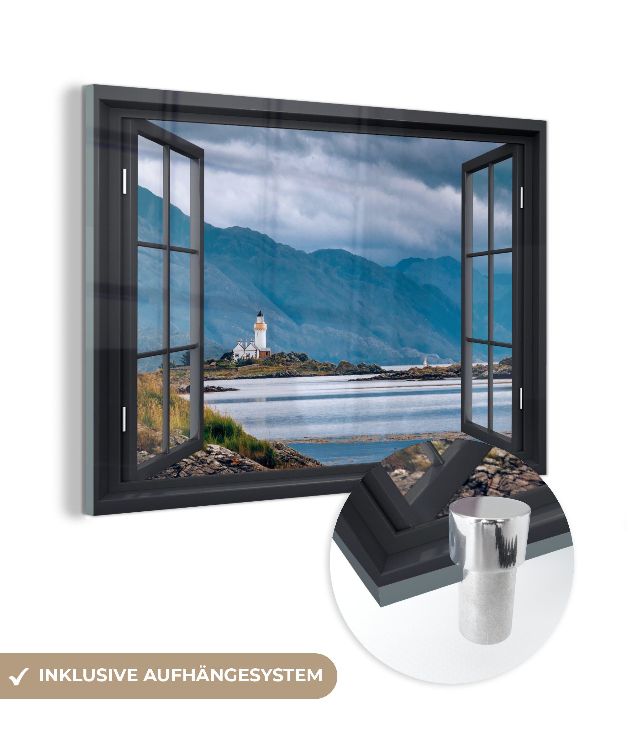 Acrylglasbild - Sturm, St), Glas Wandbild (1 Foto - - Durchblick MuchoWow Bilder - Leuchtturm - Glas Glasbilder auf auf Wanddekoration