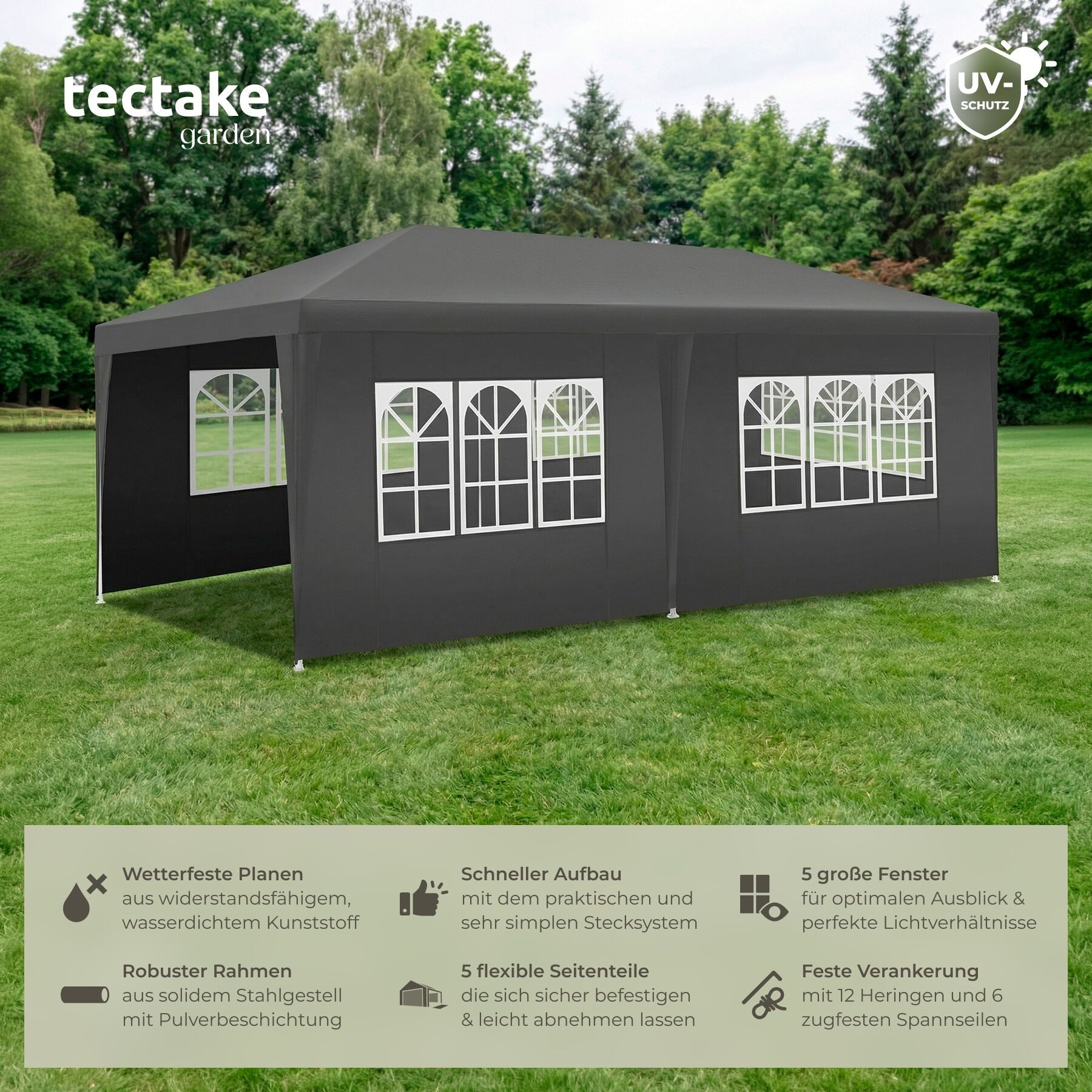tectake Pavillon Partyzelt Novara mit 5 Seitenteilen, wasserdicht, 6x3m mit UV-Schutz, mit 5 Seitenteilen, (600 x 300 x 250 cm, Komplettset), 5 abnehmbare Seitenteile