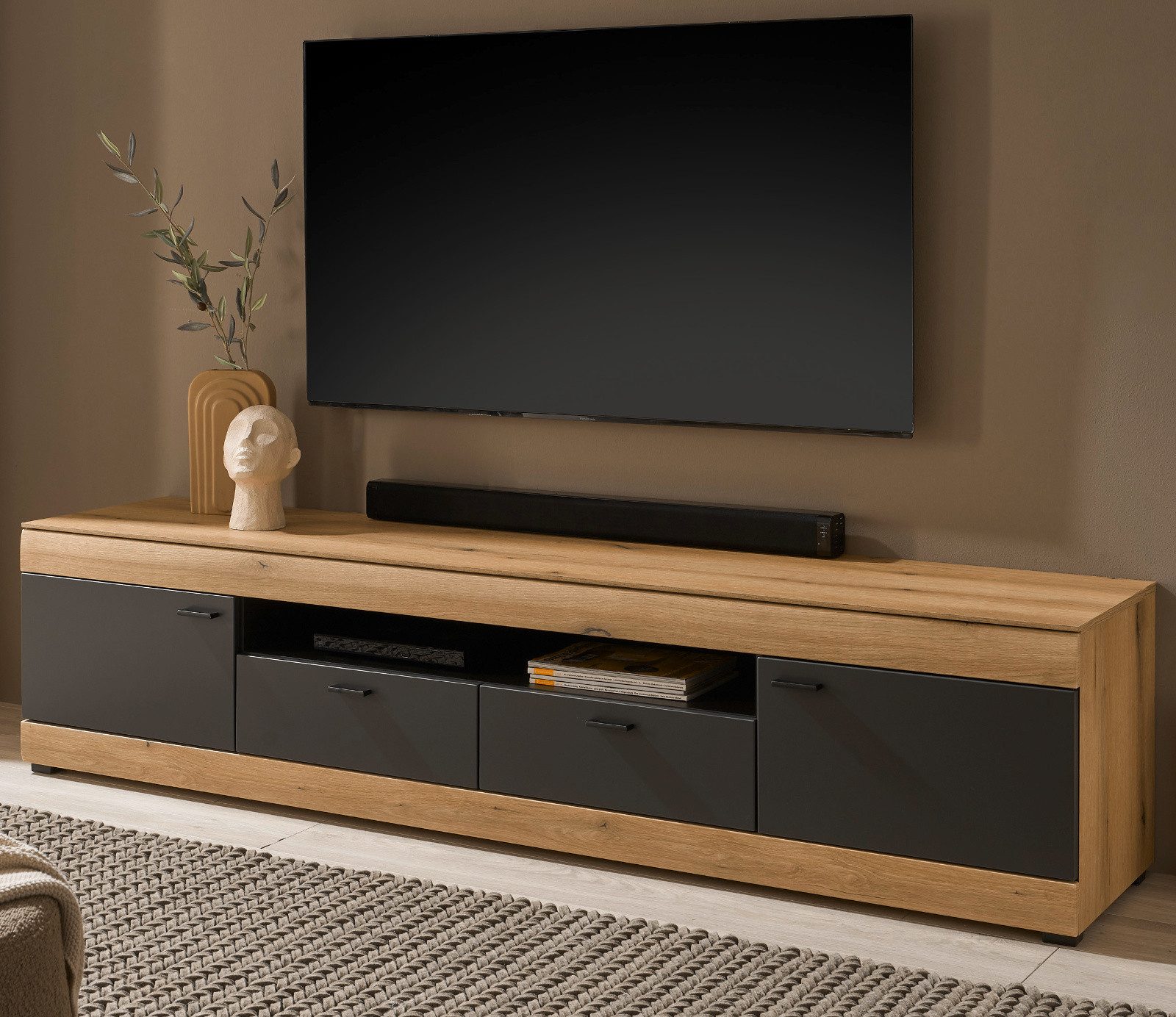 Furn.Design Lowboard Assina (XL Flat-TV Unterschrank in Eiche Evoke und Graphit Grau, Breite 200 cm, bis ca. 75 Zoll), mit Soft-Close-Funktion