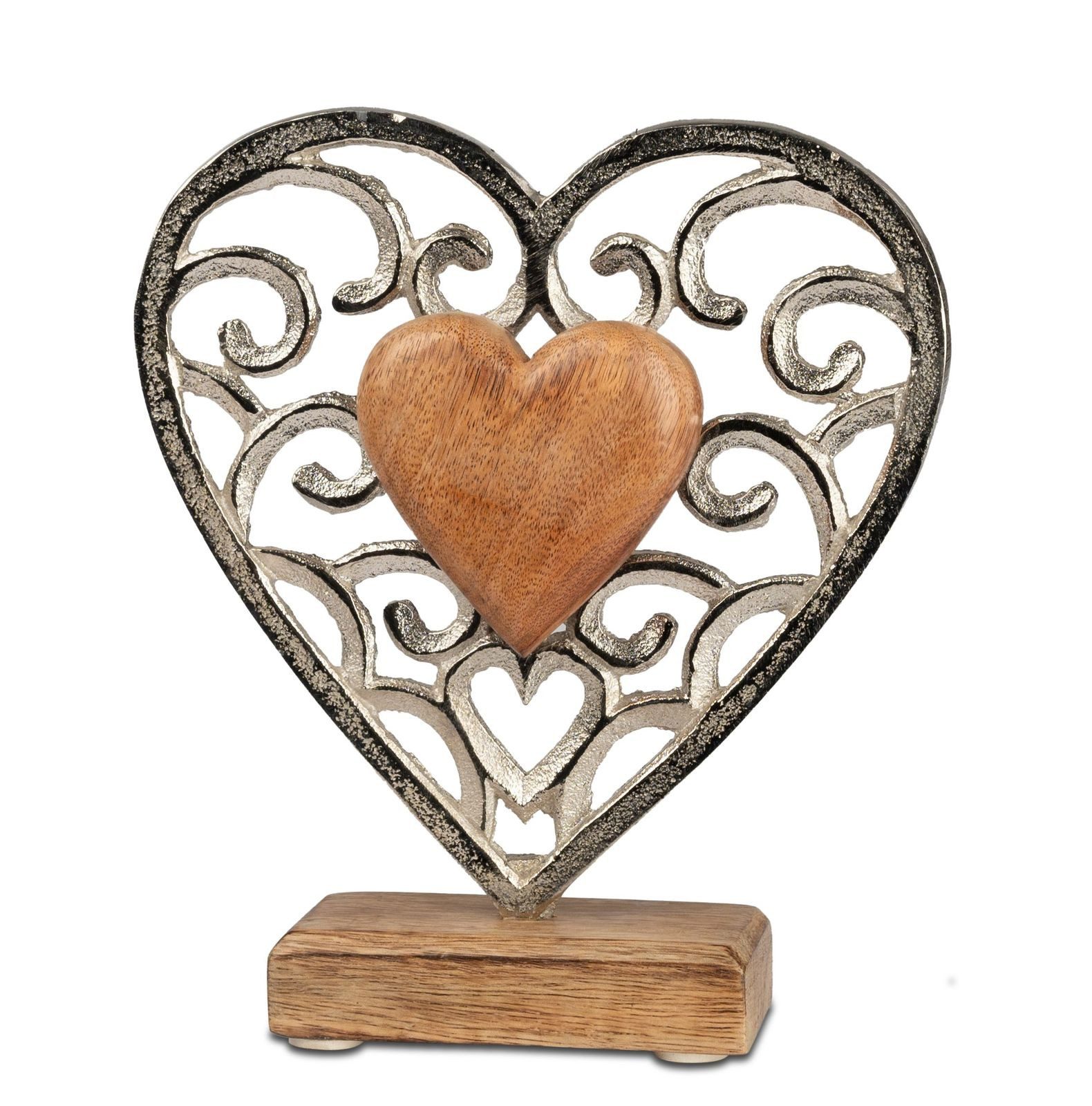 Dekofigur Deko Herz Aluminium Mangoholz Sockel 17x15cm Dekoaufsteller Tischdeko