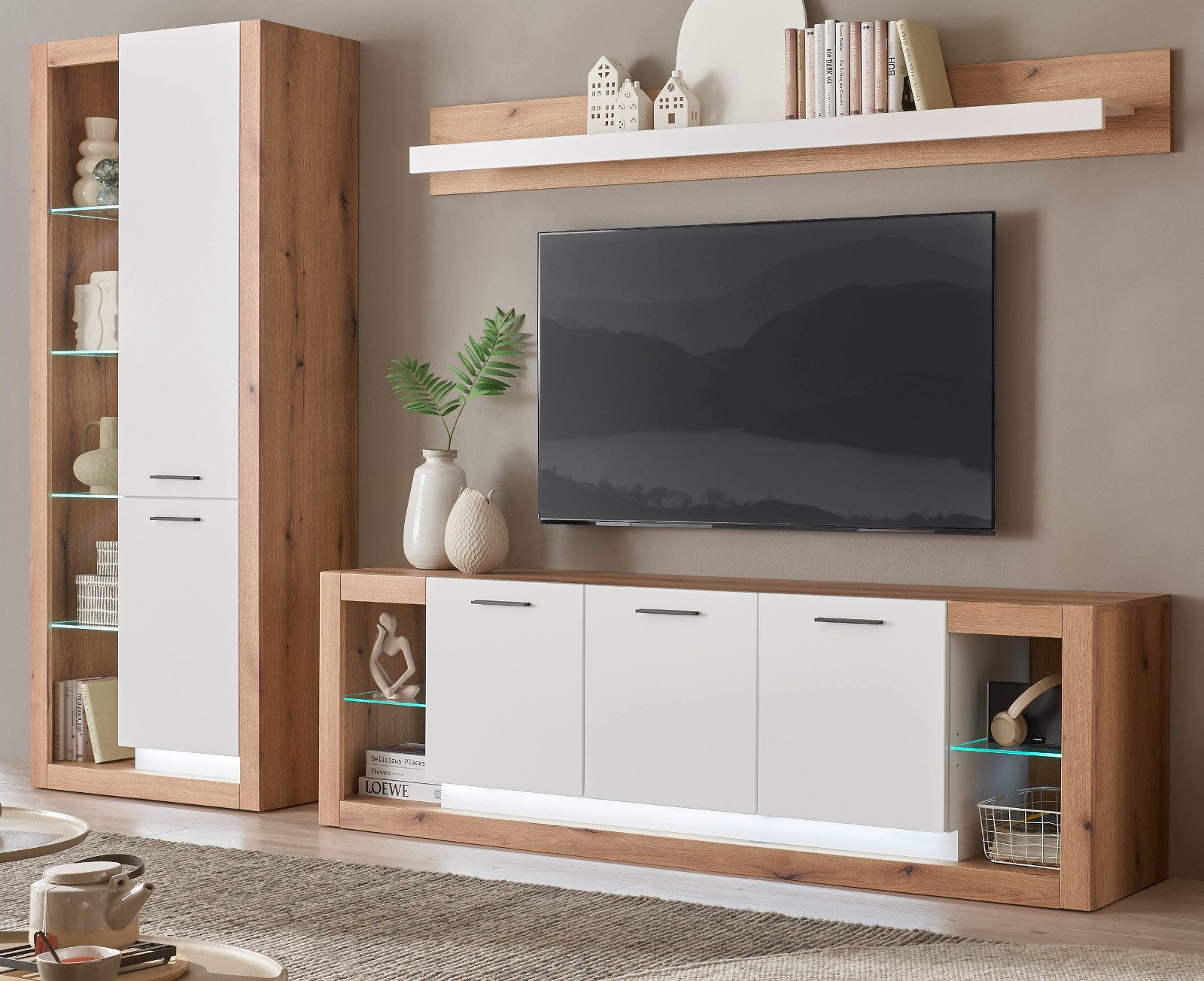 Furn.Design Wohnwand Rivian, (Schrankwand in weiß matt mit Evoke Eiche, 3-teilig, 290 x 195 cm), Breite Lowboard 198 cm, Komforthöhe