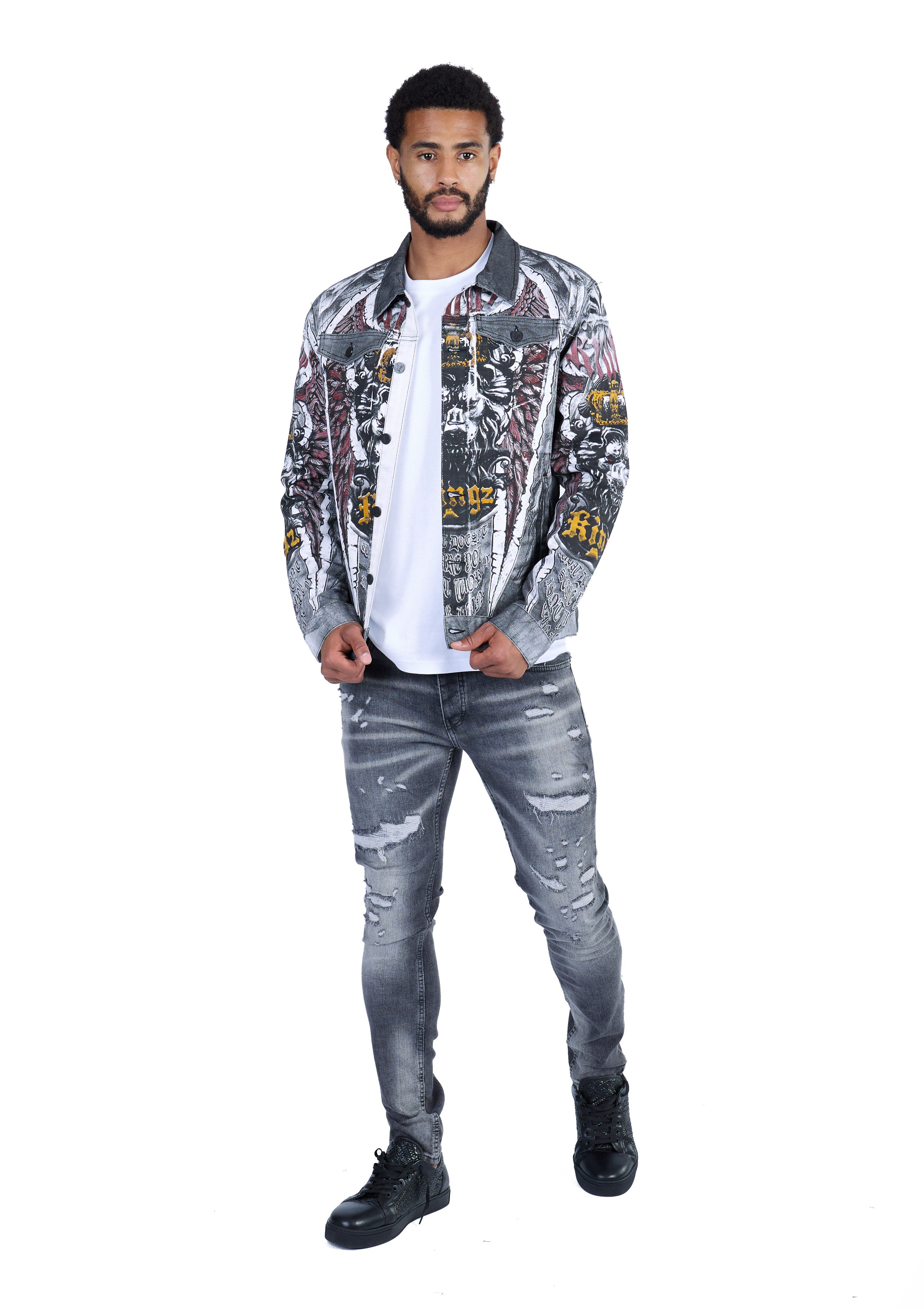 KINGZ Jeansjacke Designer Jeansjacke mit All-Over Print Weiß M