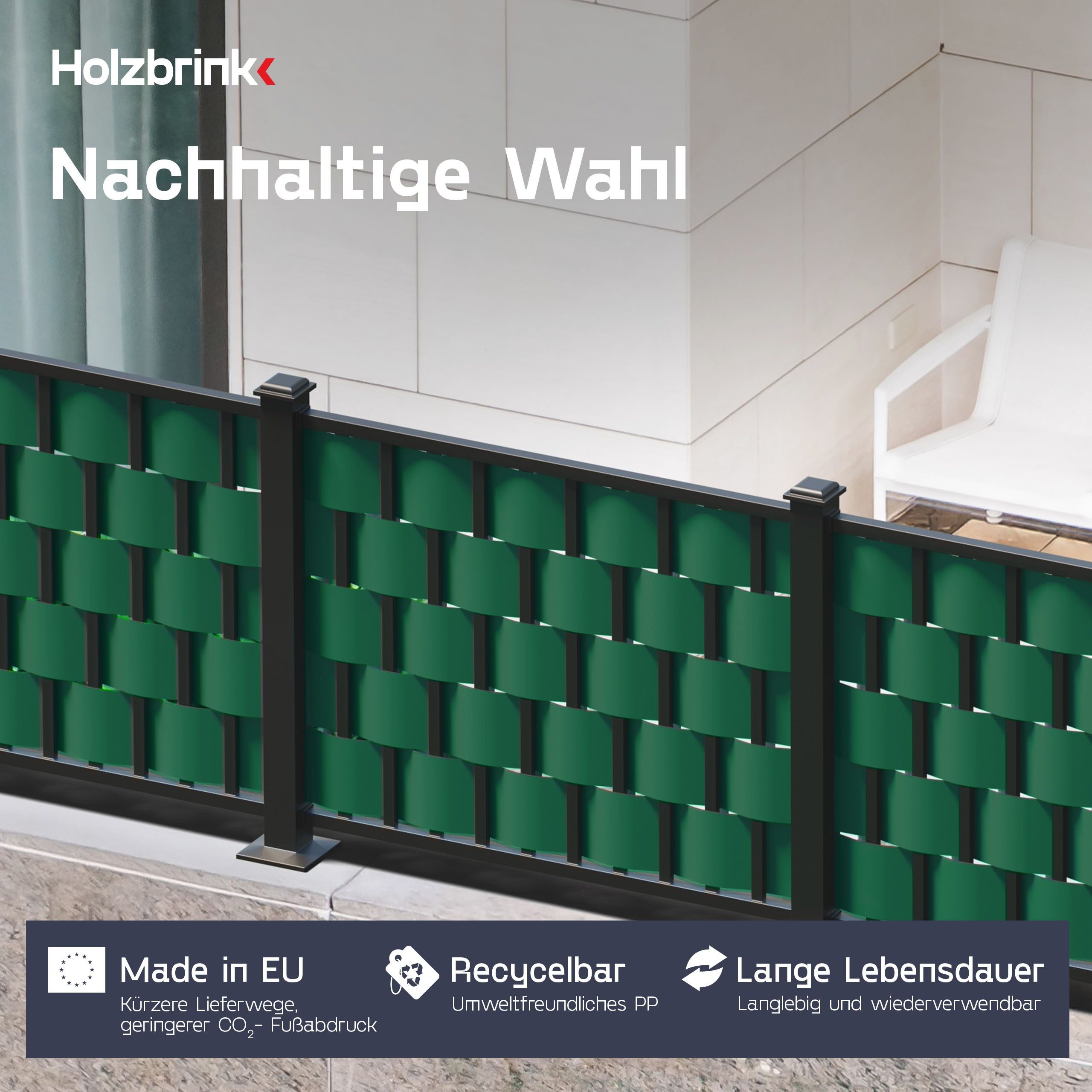 HOLZBRINK Sichtschutzstreifen aus PP für Doppelstabmattenzaun19 cm x 26 m Grün (RAL 6005), (26m Rolle), Sichtschutz Balkon, Garten, Terrasse Einzelstabmattenzaun