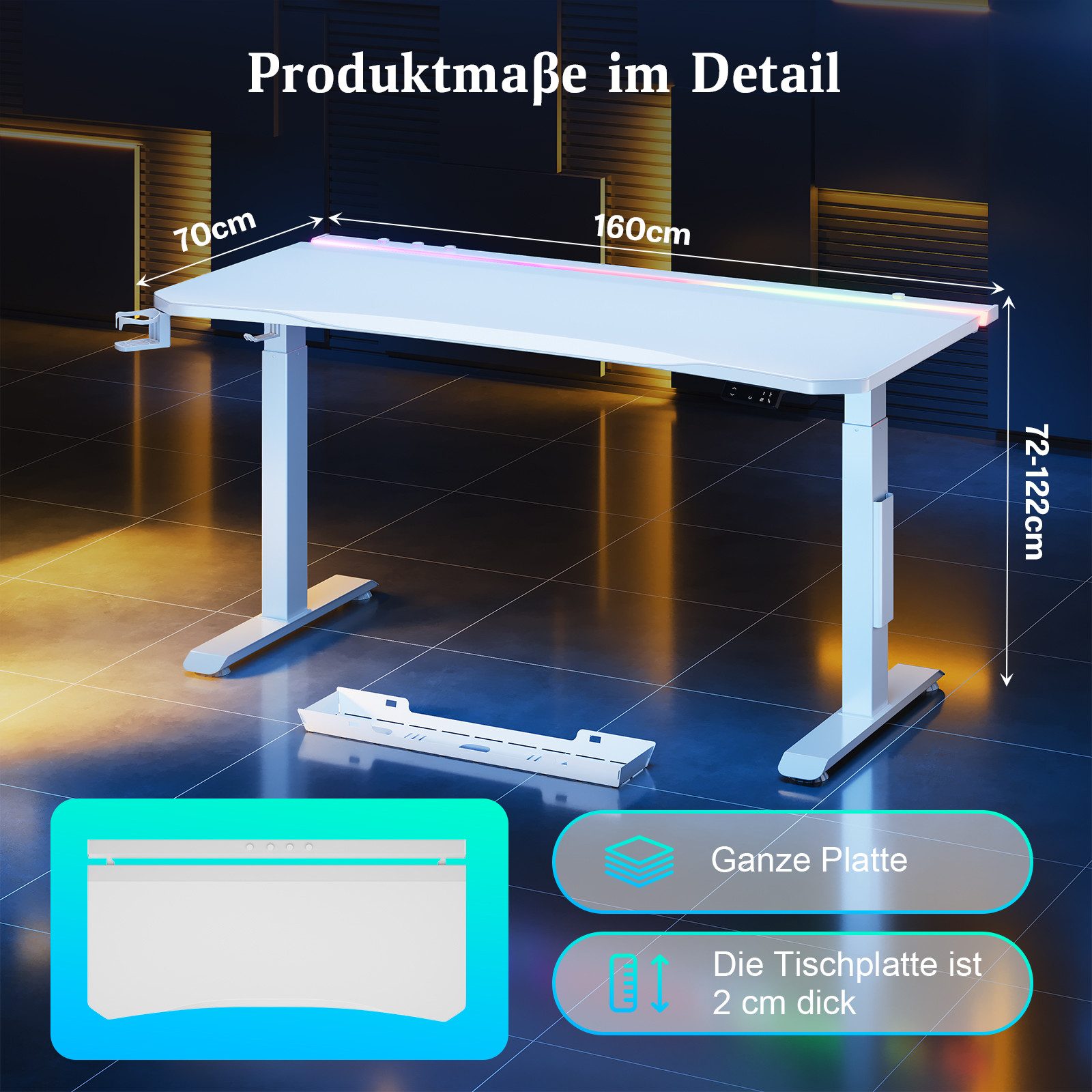 HOMALL Gamingtisch Höhenverstellbarer Schreibtisch, Gaming-Tisch mit RGB-LED-Beleuchtung (Maße: 160 × 70 cm, höhenverstellbarer Schreibtisch mit zwei Motoren, 4 voreingestellte Höhenstufen, 20 mm dicke Tischplatte in Kunstlederoptik, ausgestattet mit Kabelführung, Kopfhörerhalter und Getränkehalter, maximale Belastbarkeit 120 kg)