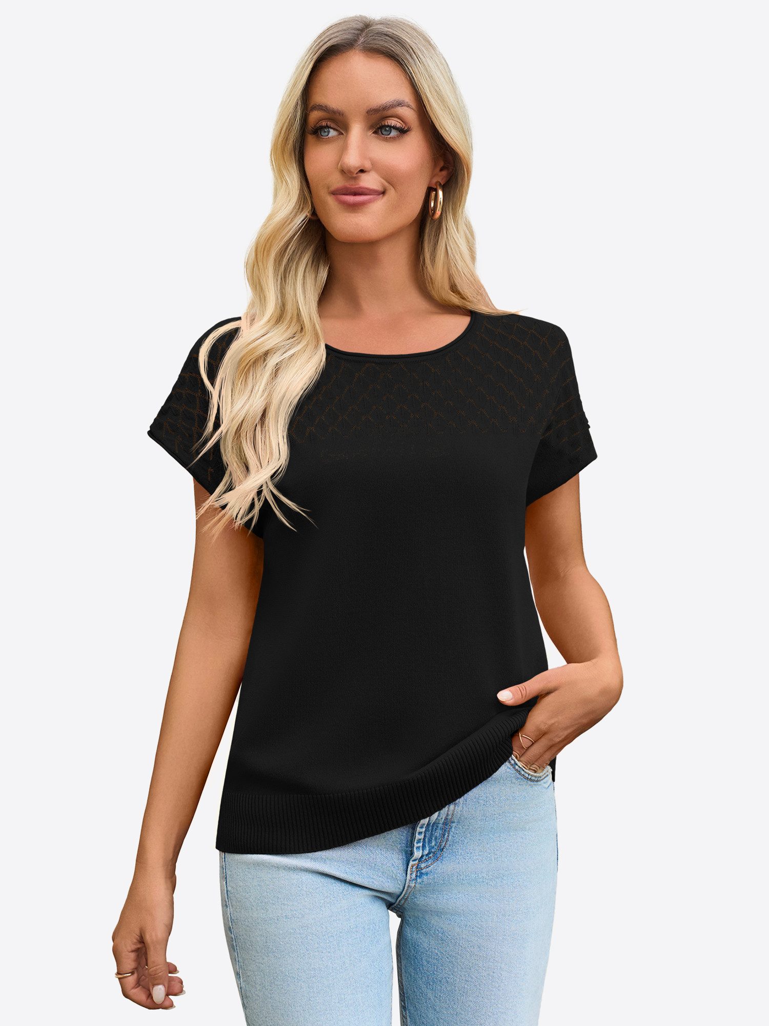 Imily Bela T-Shirt Damen Freizeit Kurzarm Strickshirt (Packung, 1-tlg., 1per-Pack) mit Häkeldetail
